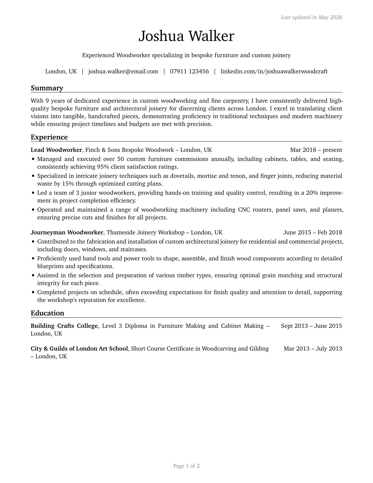 Woodworkers, All Other CV in English — page 1