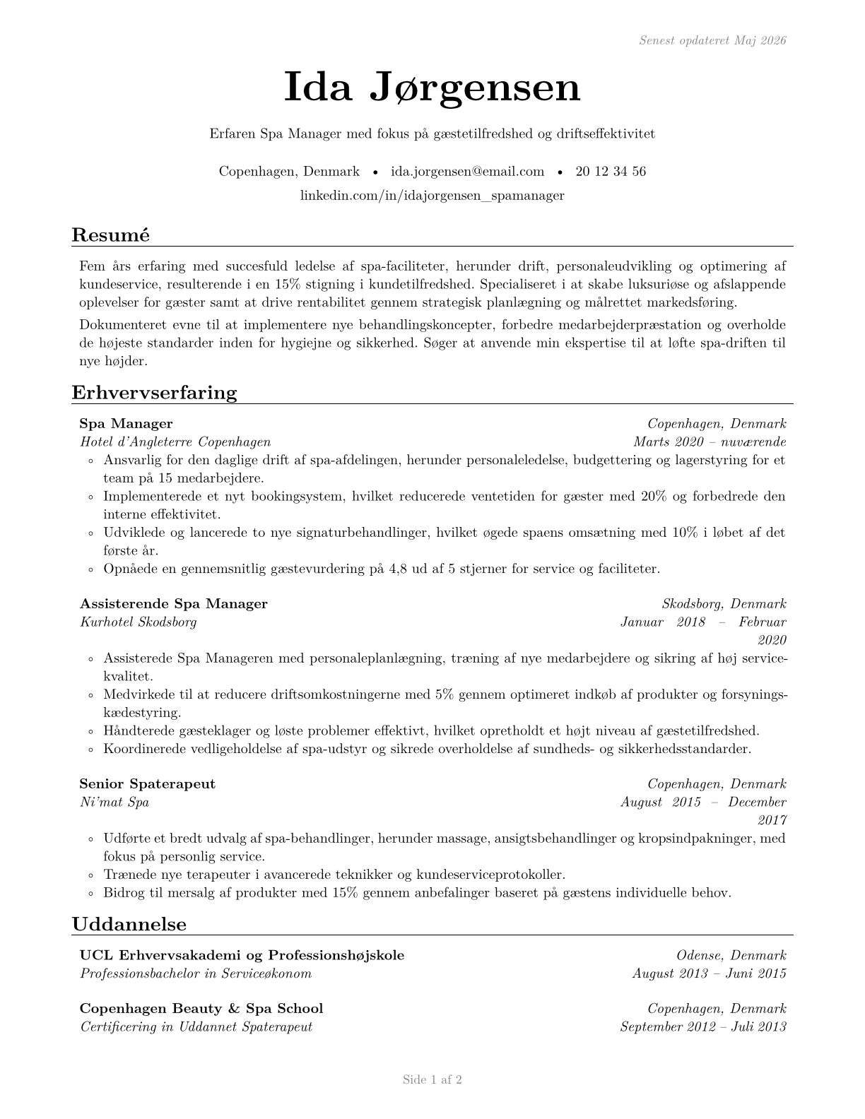 Spa Managers CV in Danish — page 1