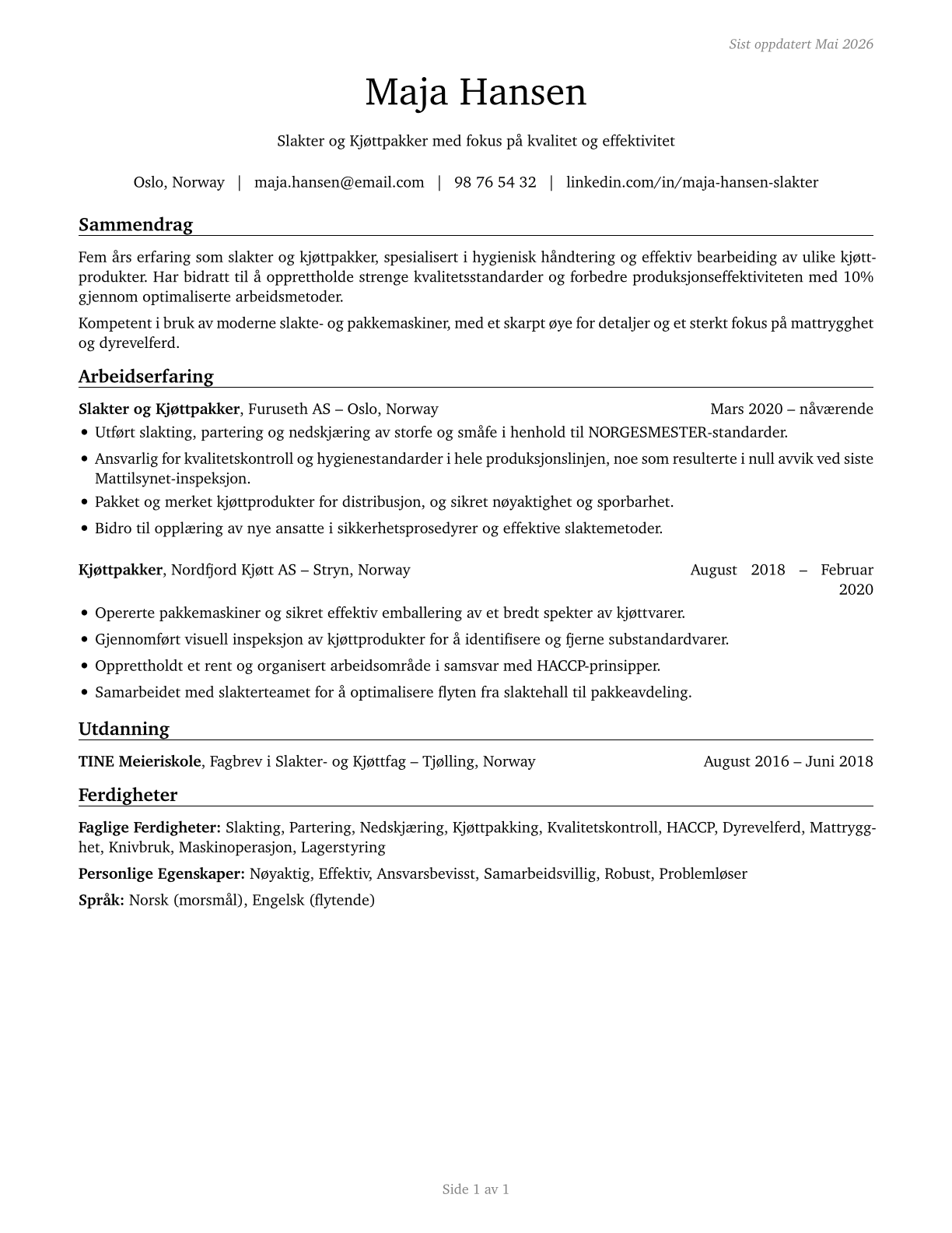 Slaughterers and Meat Packers CV in Norwegian_bokmal — page 1