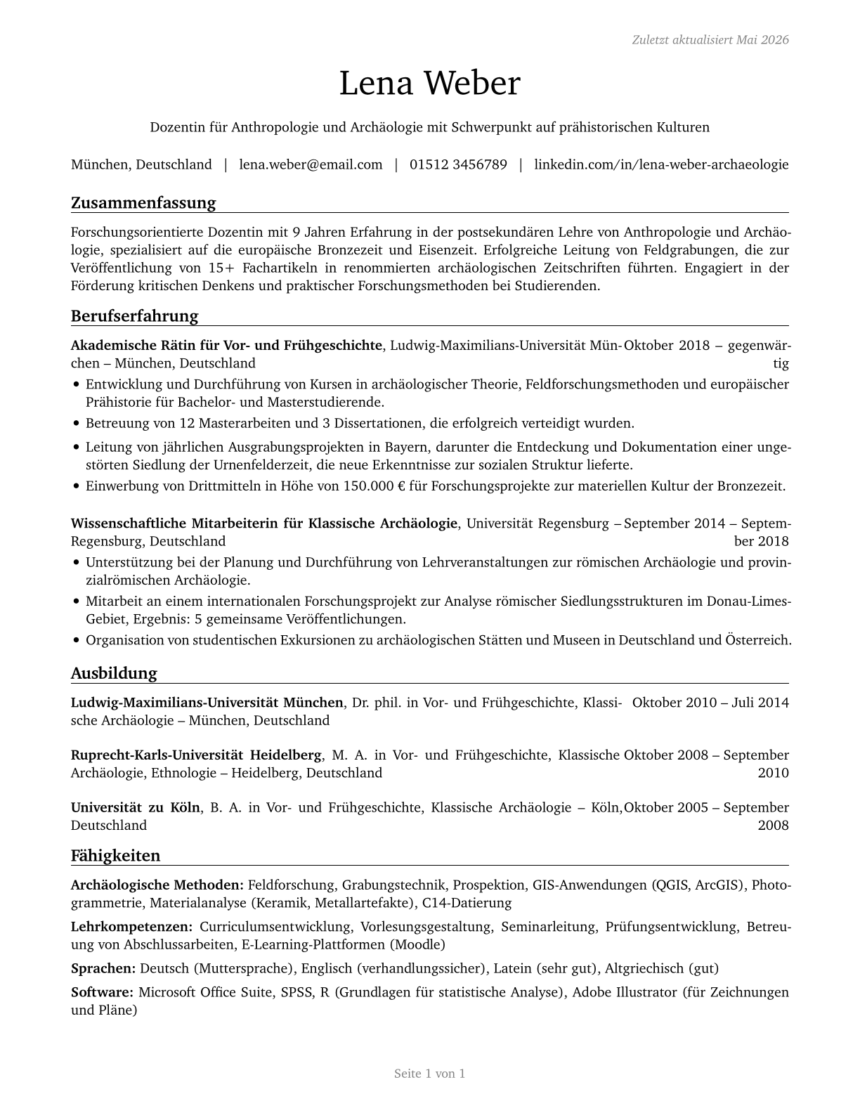Anthropology and Archeology Teachers, Postsecondary CV in German — page 1