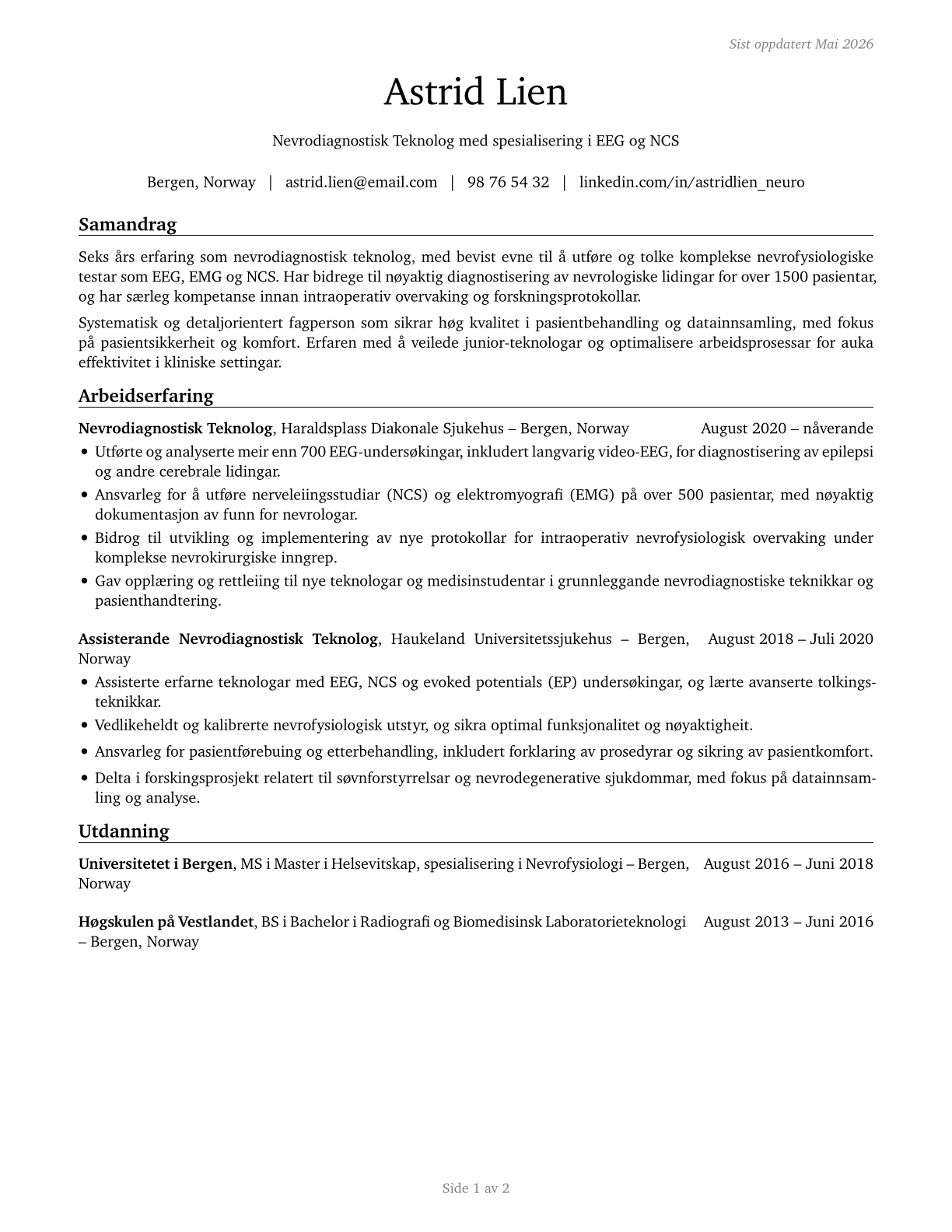 Neurodiagnostic Technologists CV in Norwegian_nynorsk — page 1