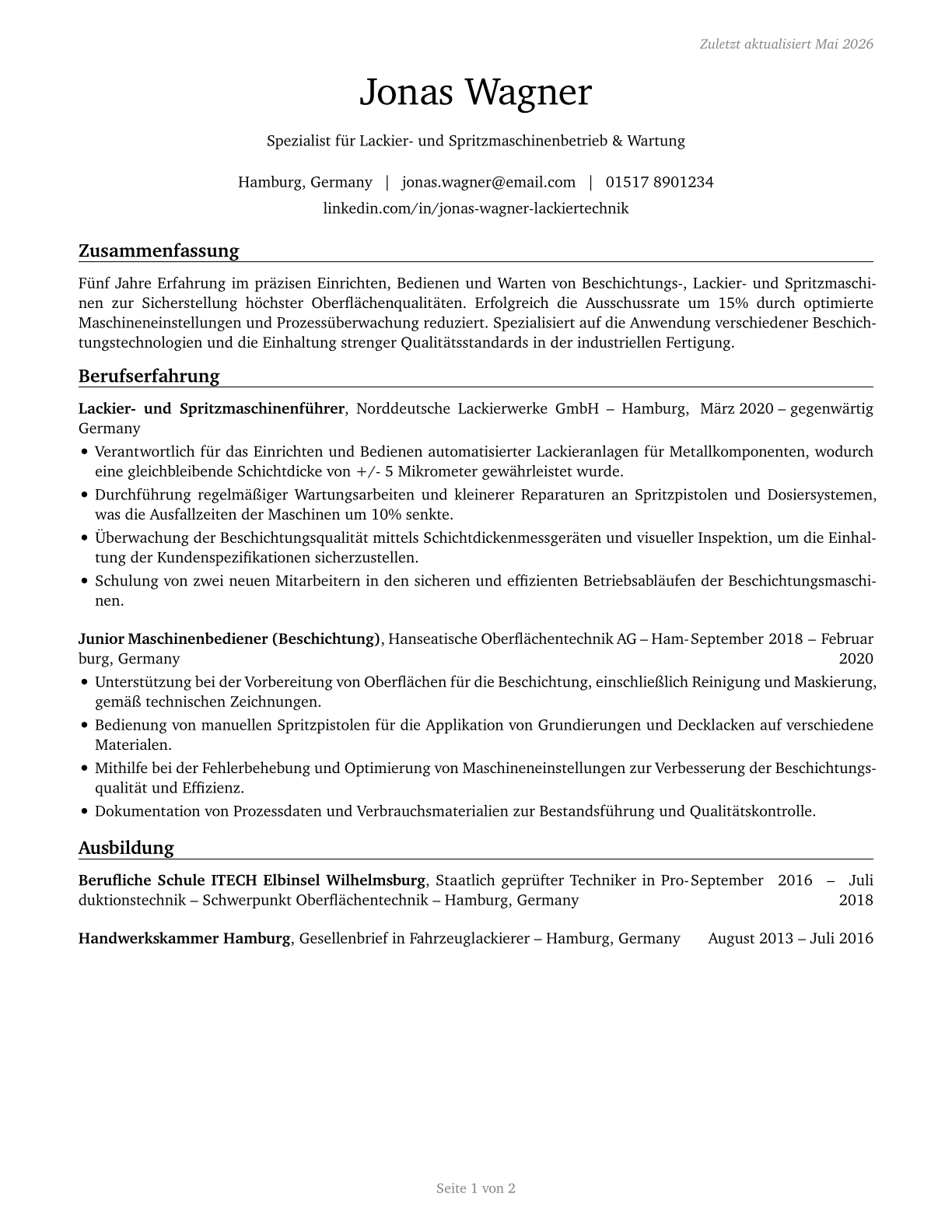 Coating, Painting, and Spraying Machine Setters, Operators, and Tenders CV in German — page 1