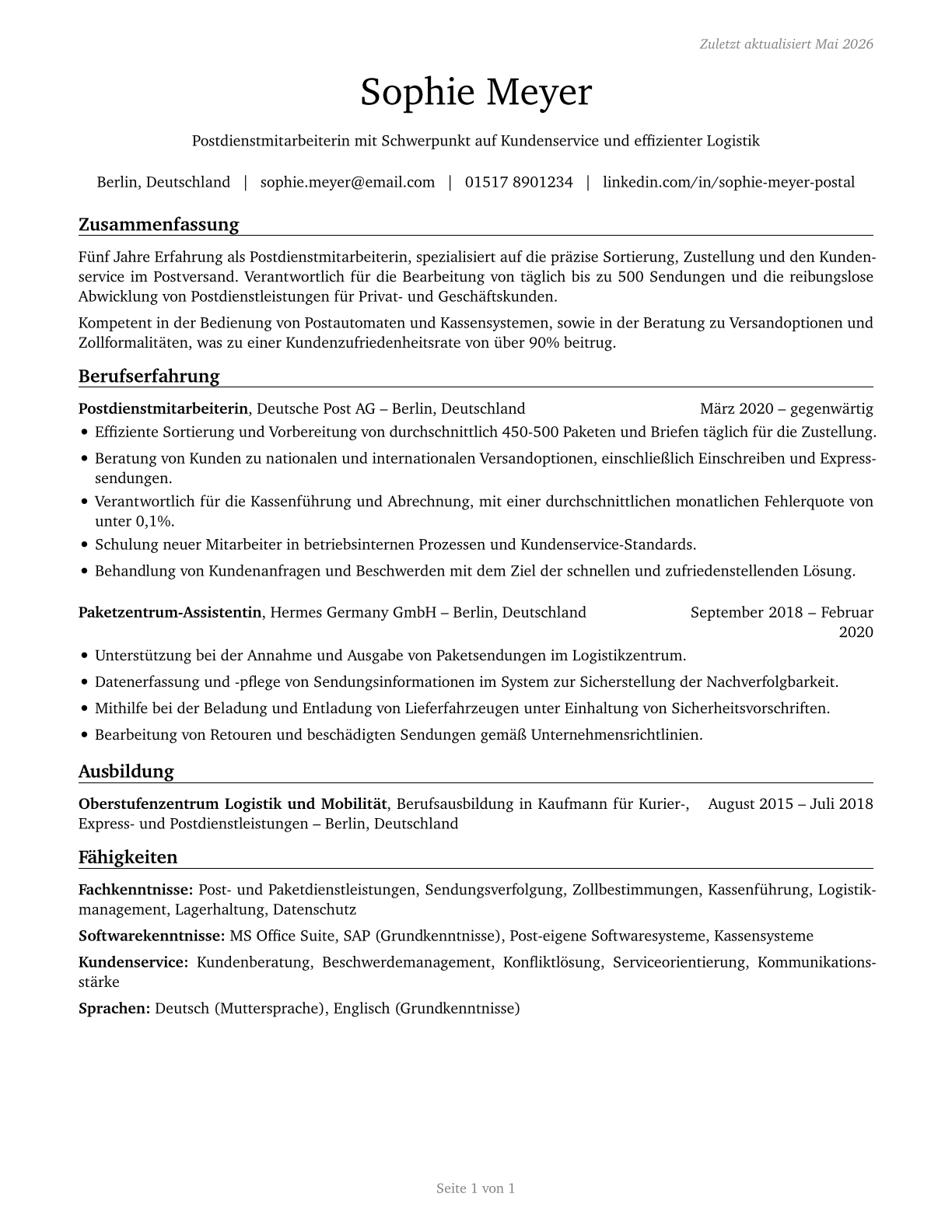 Postal Service Clerks CV in German — page 1