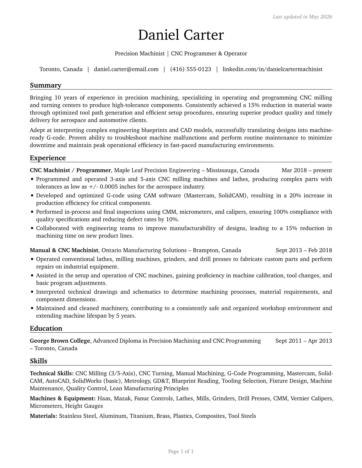 Machinists CV in English — page 1