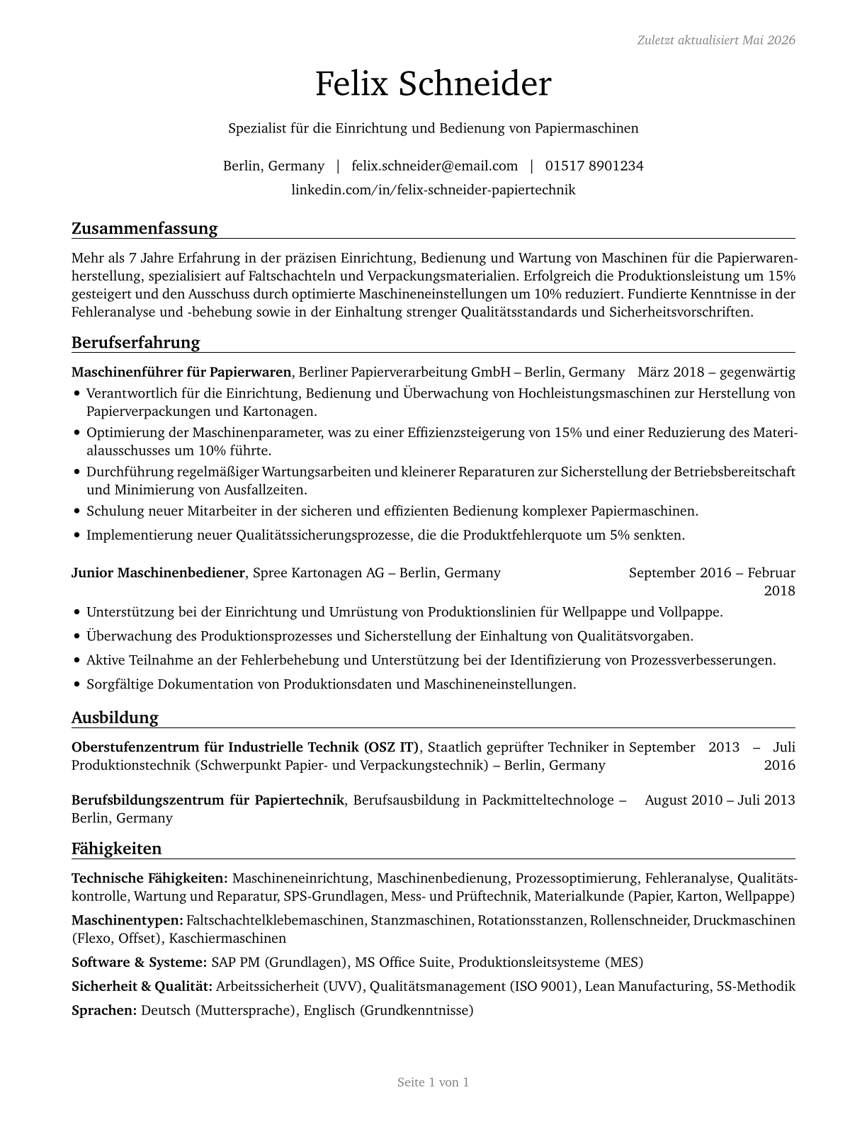 Paper Goods Machine Setters, Operators, and Tenders CV in German — page 1