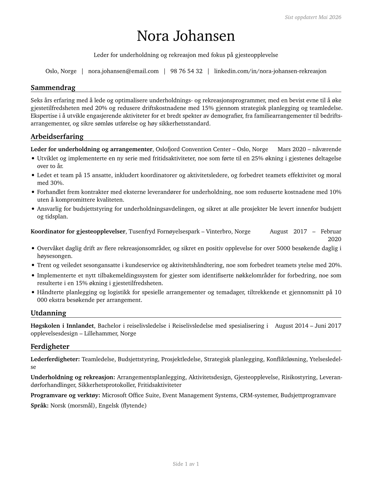 Entertainment and Recreation Managers, Except Gambling CV in Norwegian_bokmal — page 1