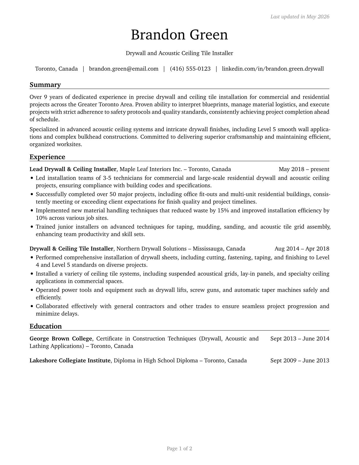 Drywall and Ceiling Tile Installers CV in English — page 1