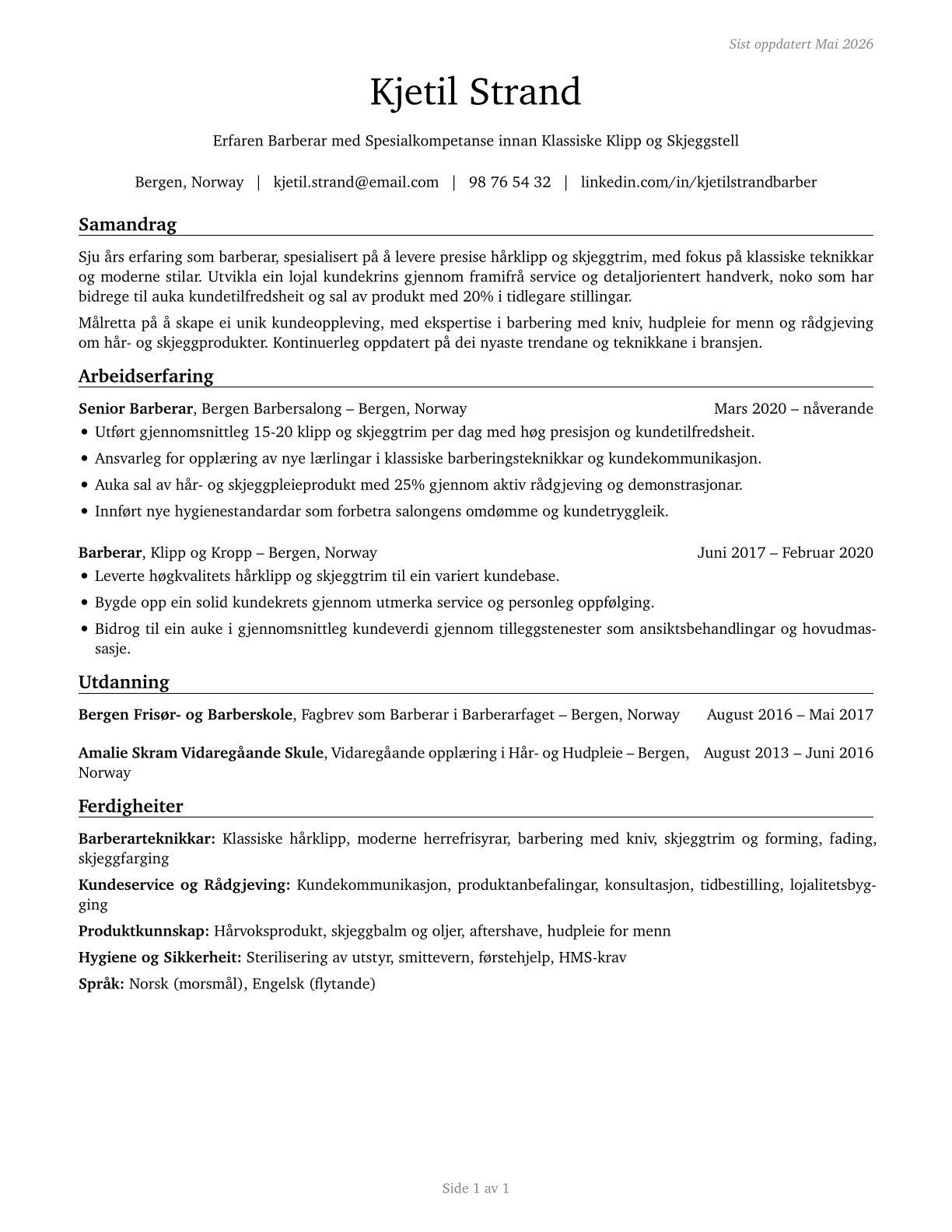Barbers CV in Norwegian_nynorsk — page 1