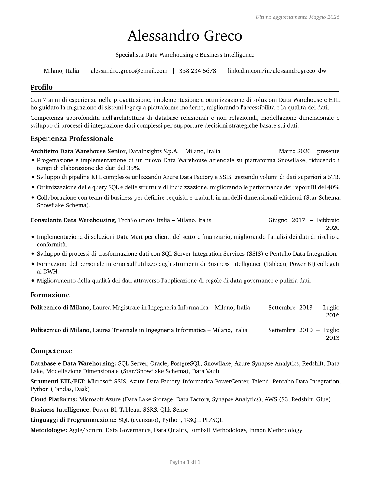 Data Warehousing Specialists CV in Italian — page 1