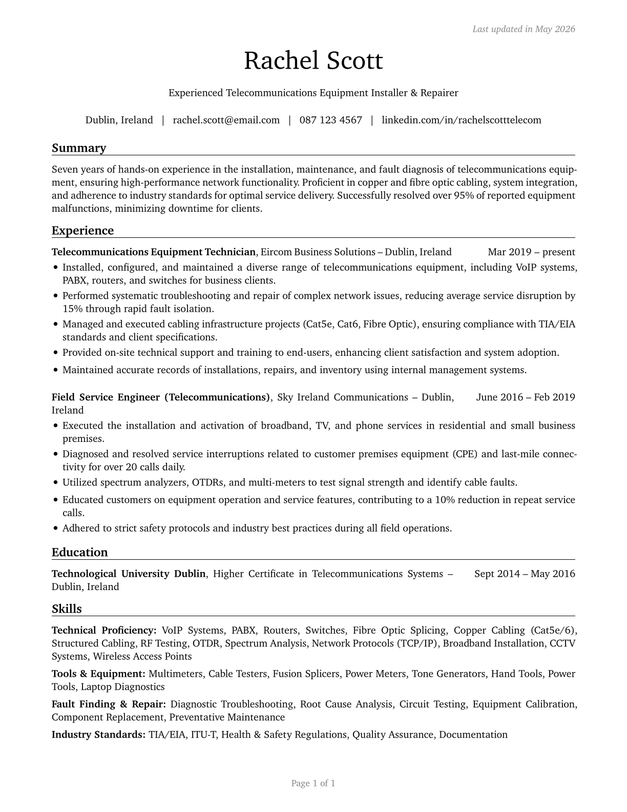 Telecommunications Equipment Installers and Repairers, Except Line Installers CV in English — page 1