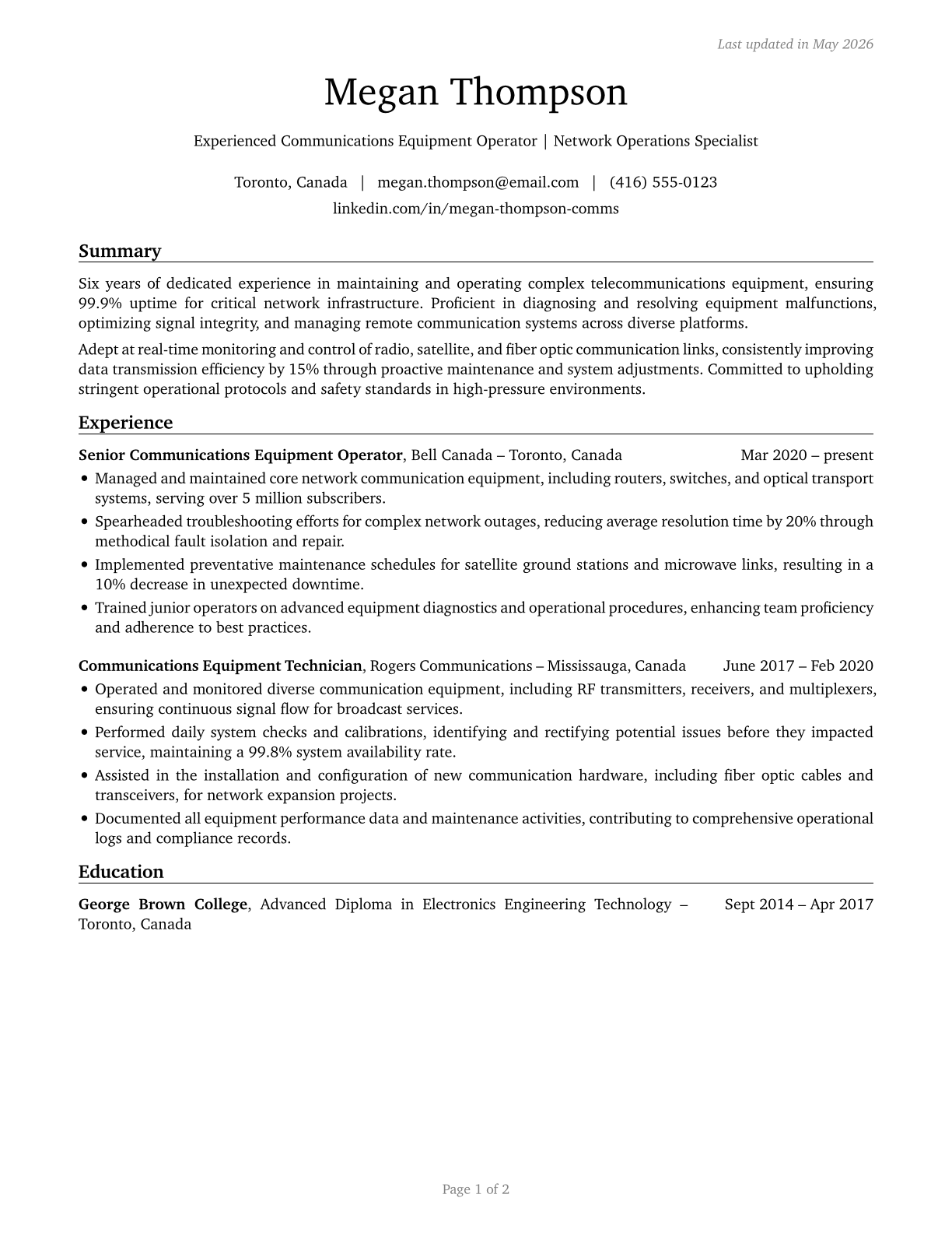 Communications Equipment Operators, All Other CV in English — page 1
