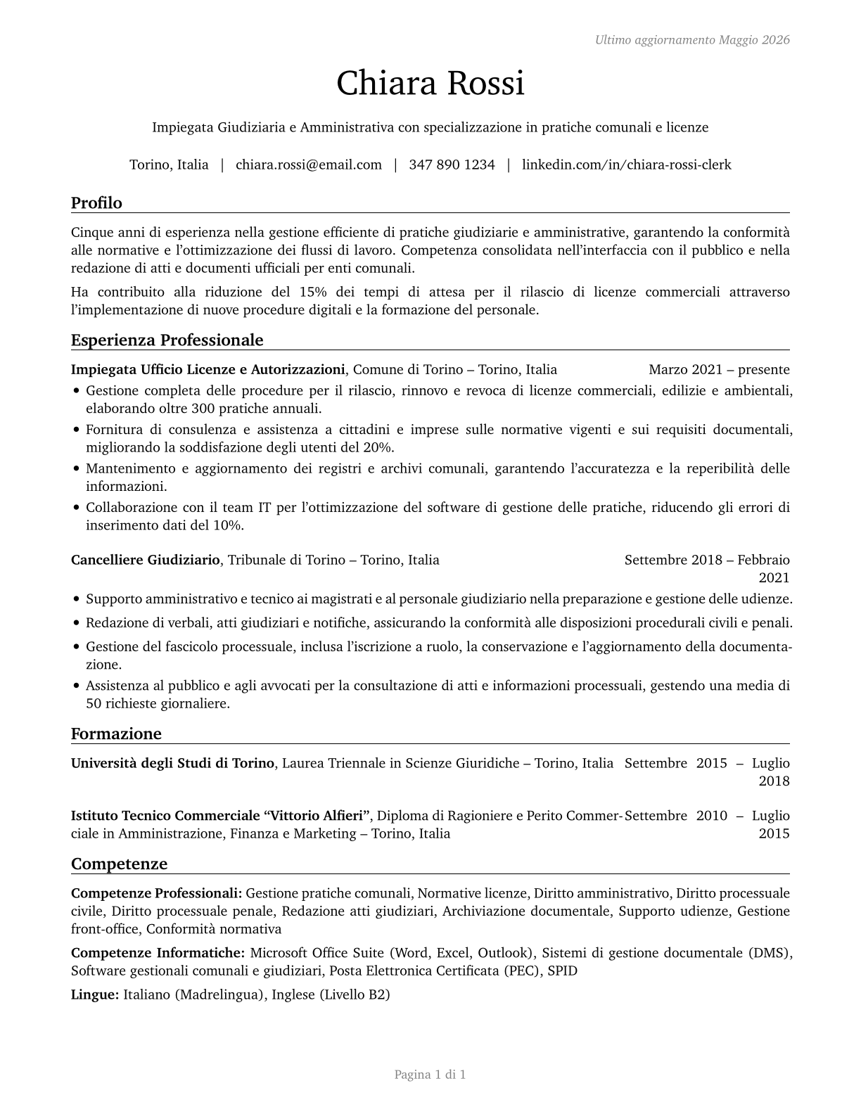 Court, Municipal, and License Clerks CV in Italian — page 1