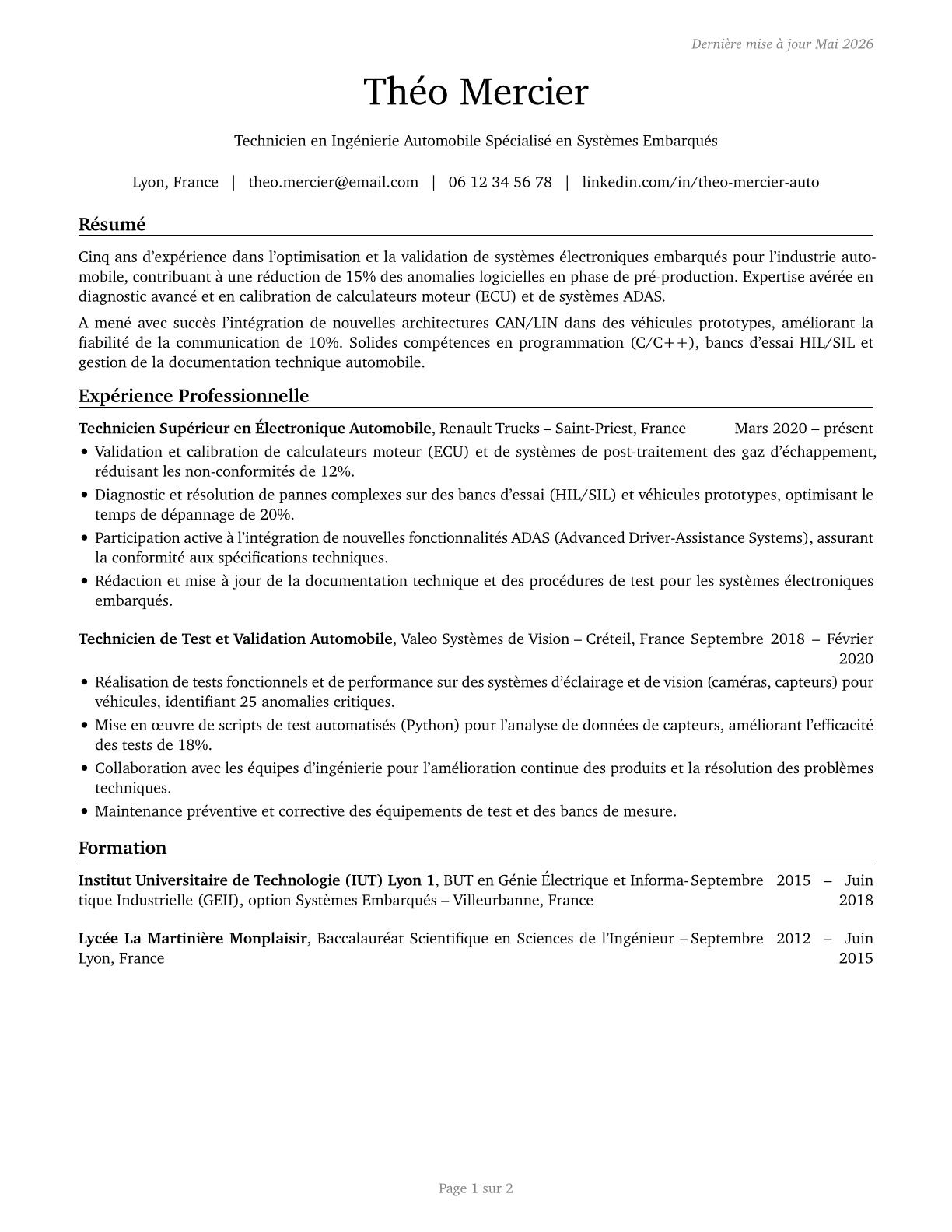 Automotive Engineering Technicians CV in French — page 1