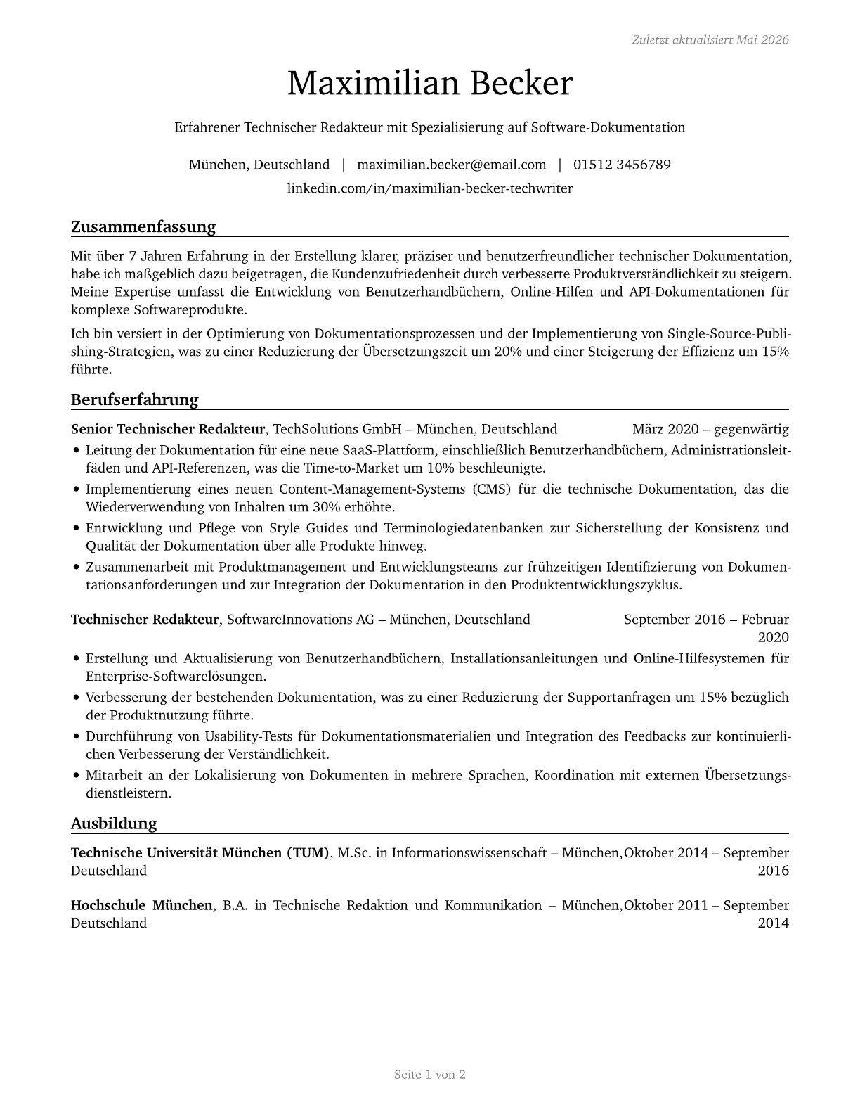 Technical Writers CV in German — page 1