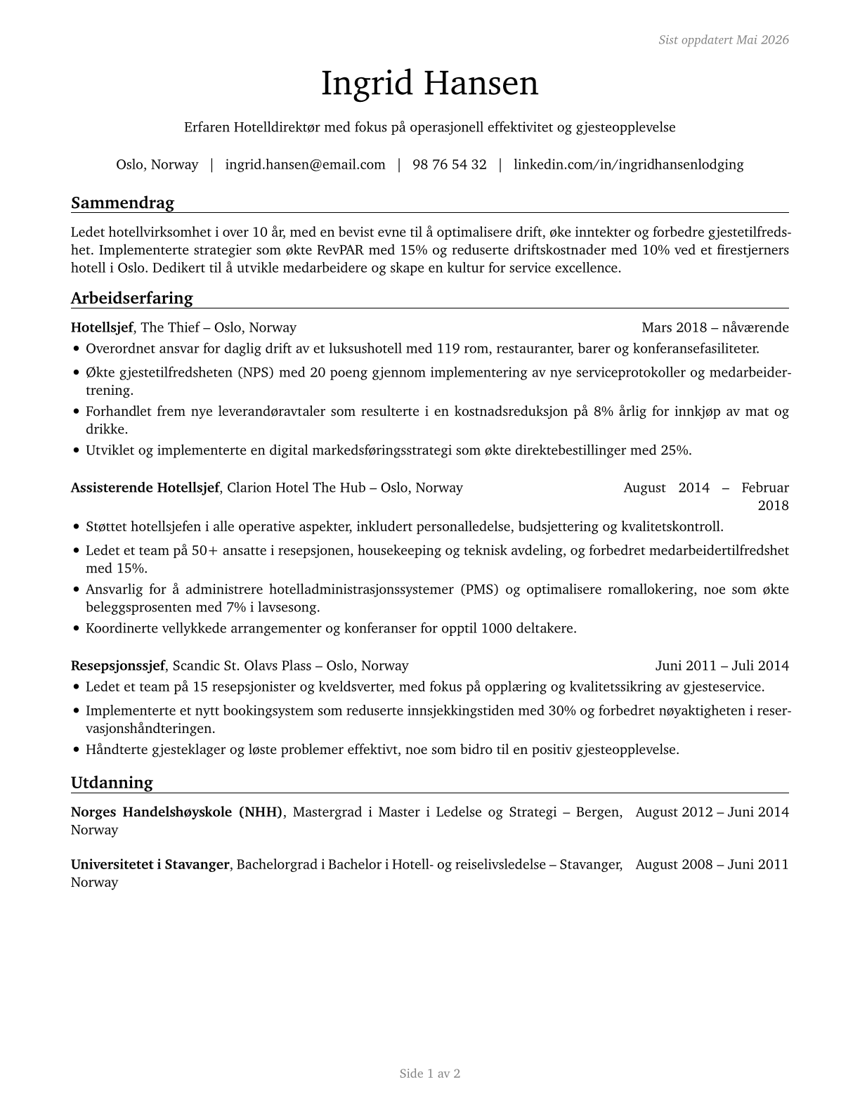 Lodging Managers CV in Norwegian_bokmal — page 1