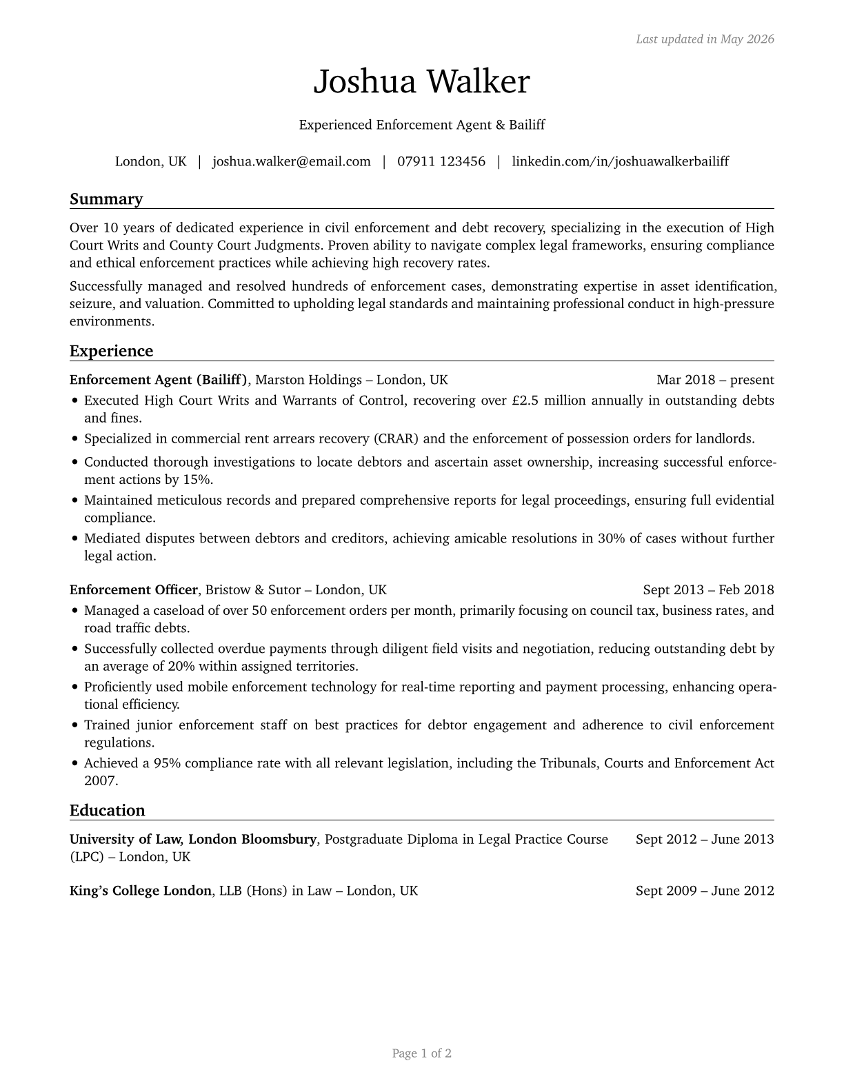 Bailiffs CV in English — page 1