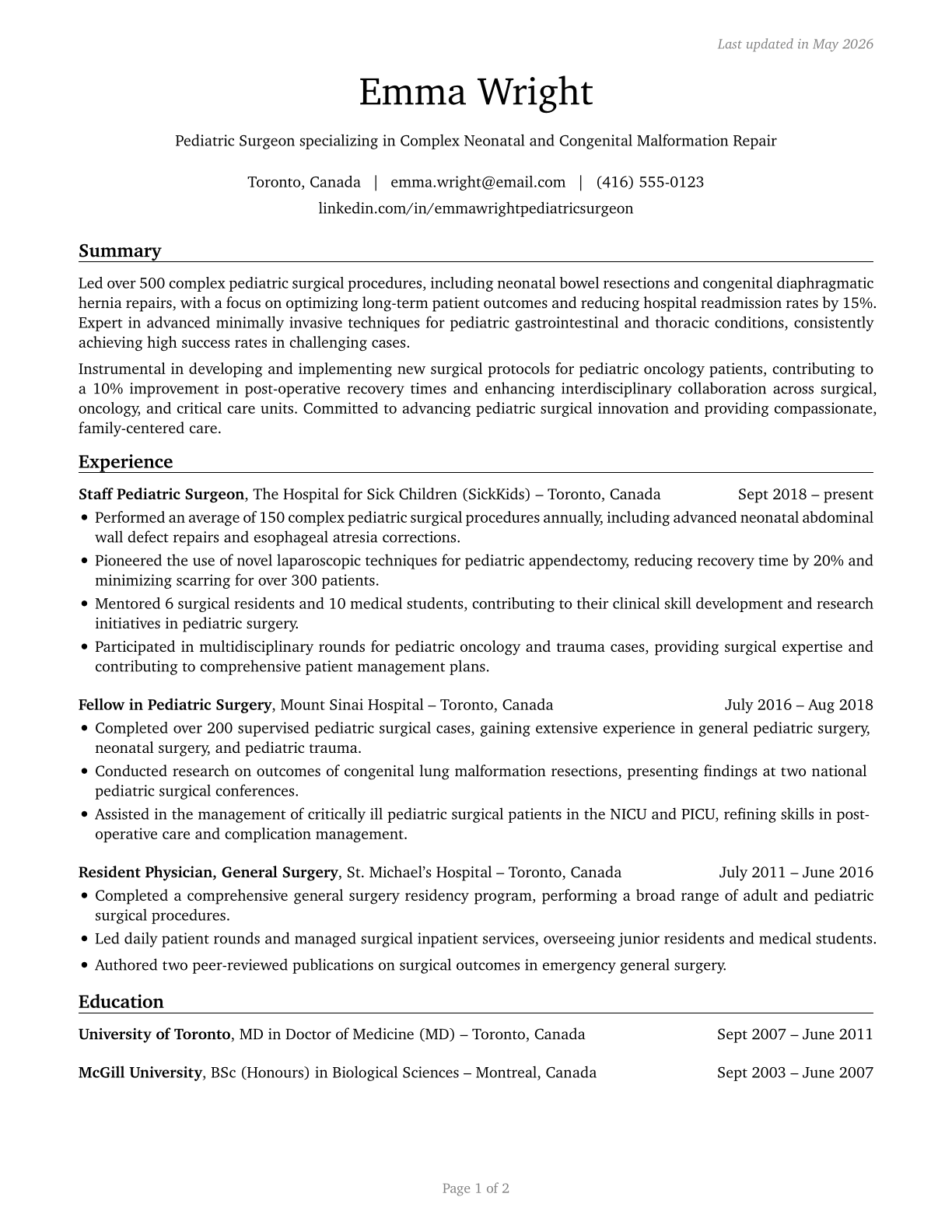 Pediatric Surgeons CV in English — page 1