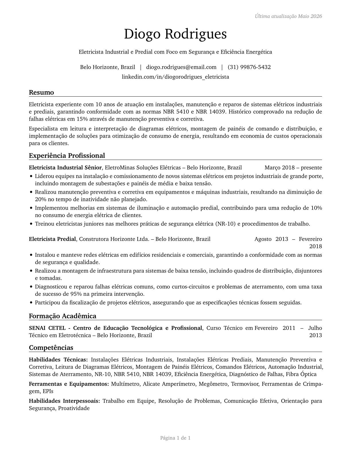 Electricians CV in Portuguese — page 1
