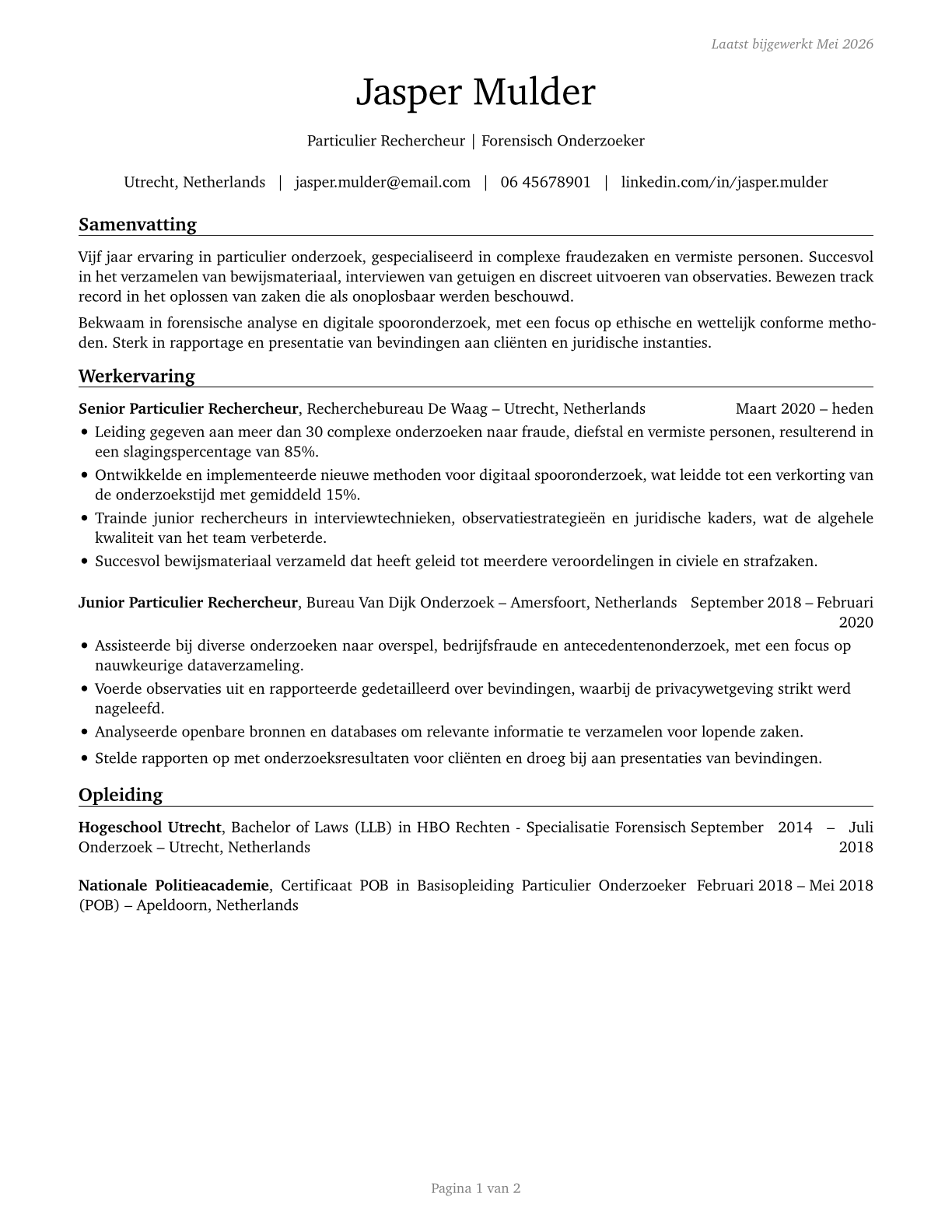 Private Detectives and Investigators CV in Dutch — page 1