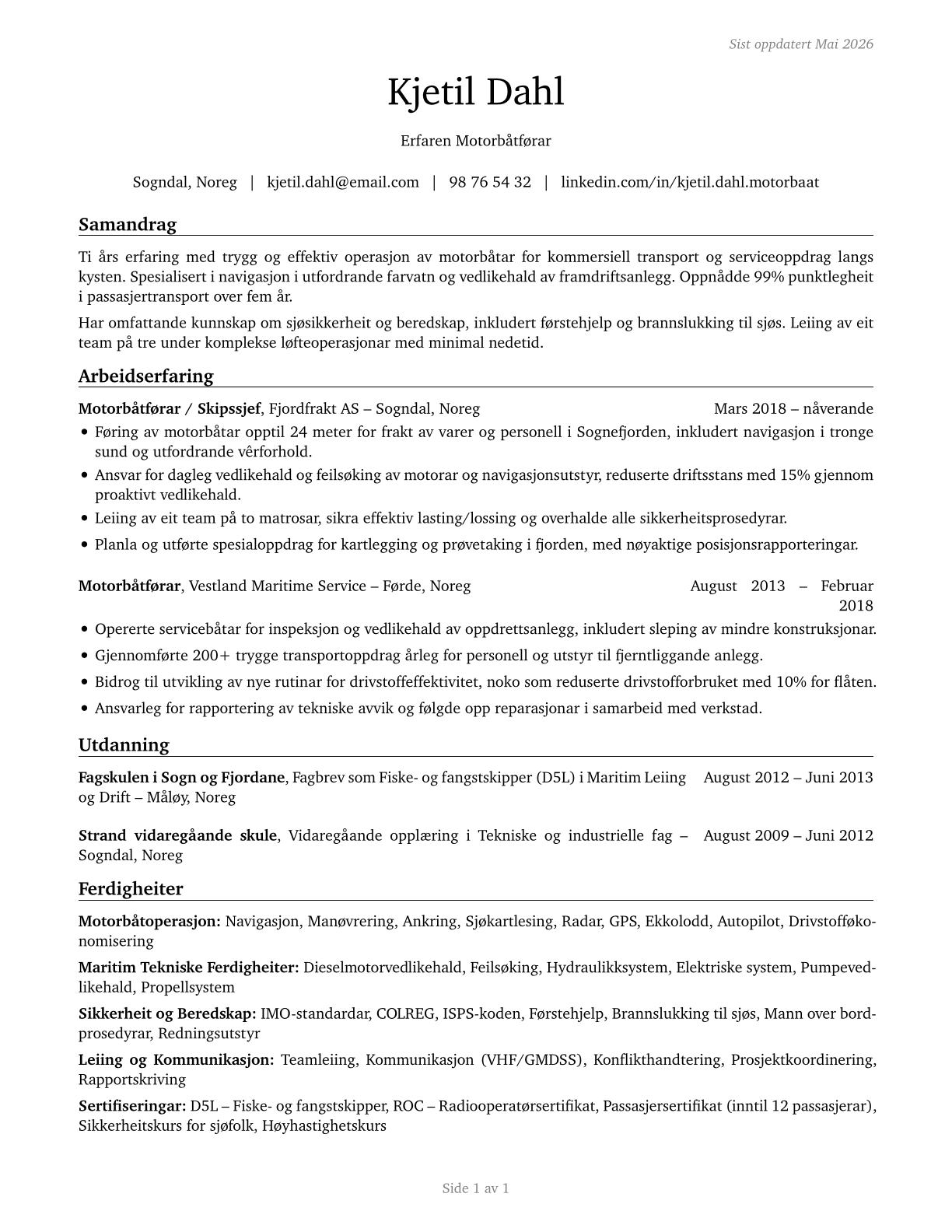 Motorboat Operators CV in Norwegian_nynorsk — page 1