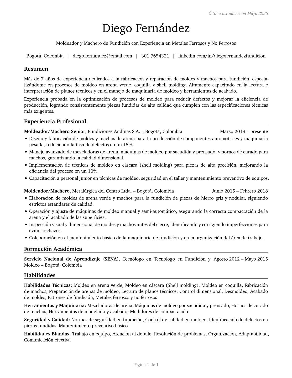 Foundry Mold and Coremakers CV in Spanish — page 1