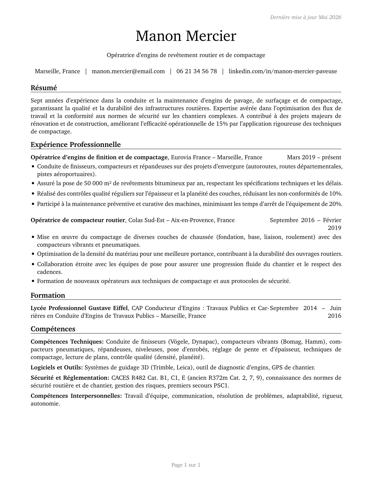 Paving, Surfacing, and Tamping Equipment Operators CV in French — page 1