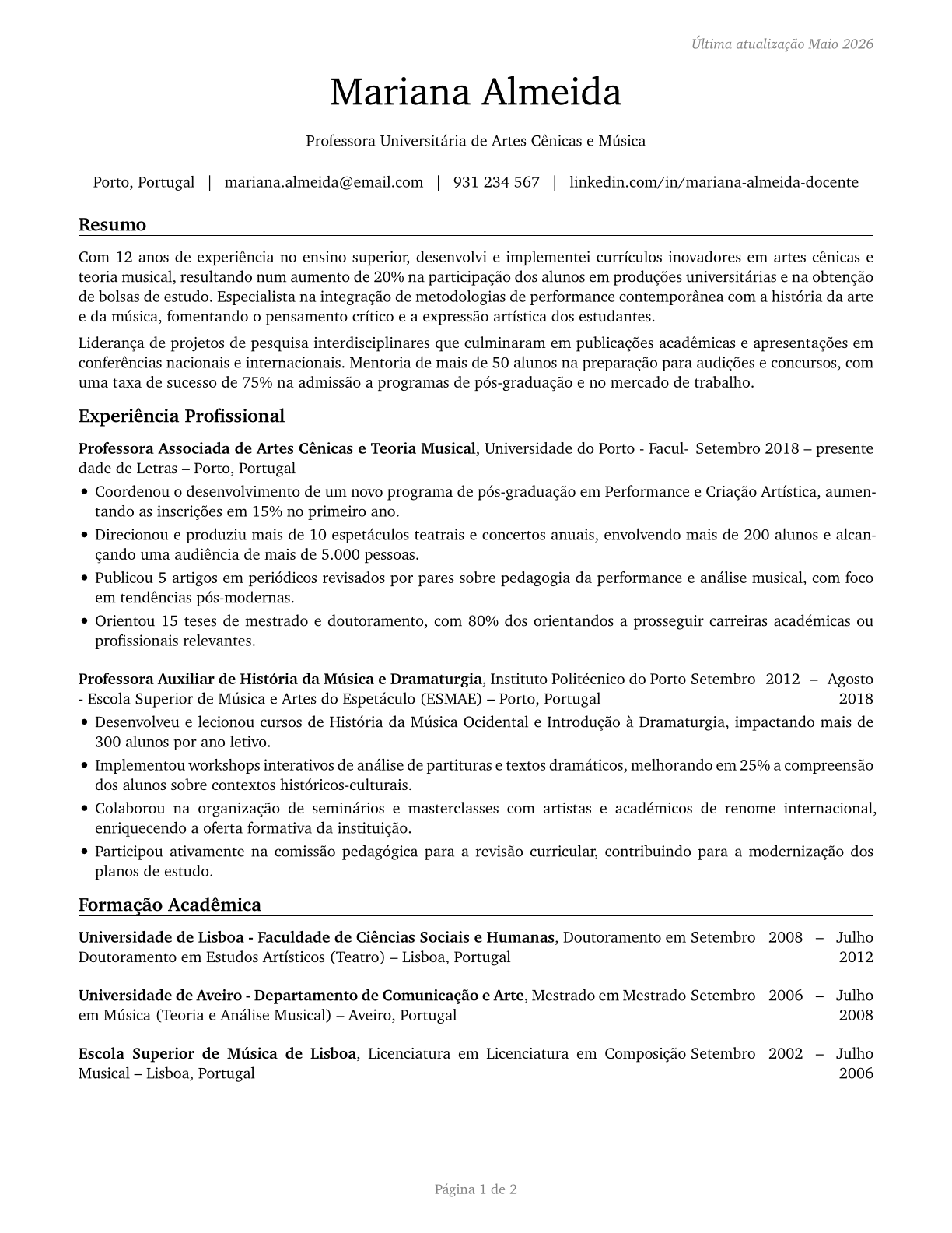 Art, Drama, and Music Teachers, Postsecondary CV in Portuguese — page 1