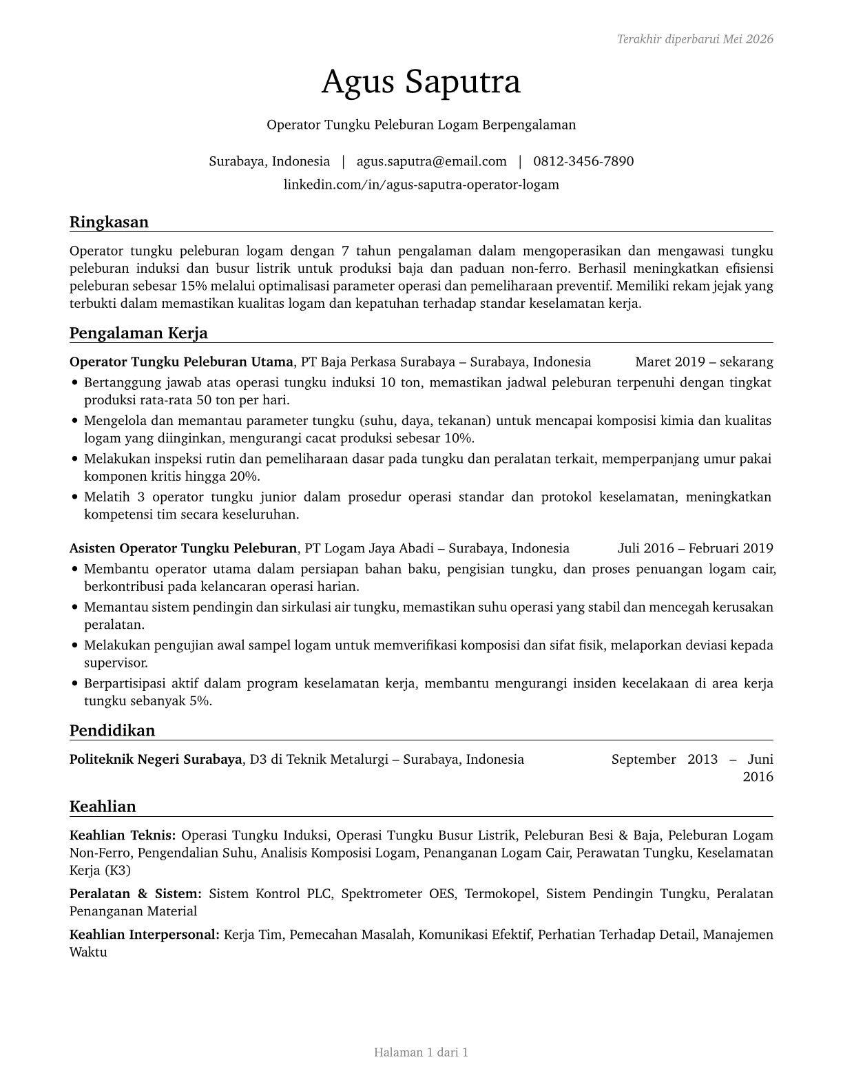 Metal-Refining Furnace Operators and Tenders CV in Indonesian — page 1