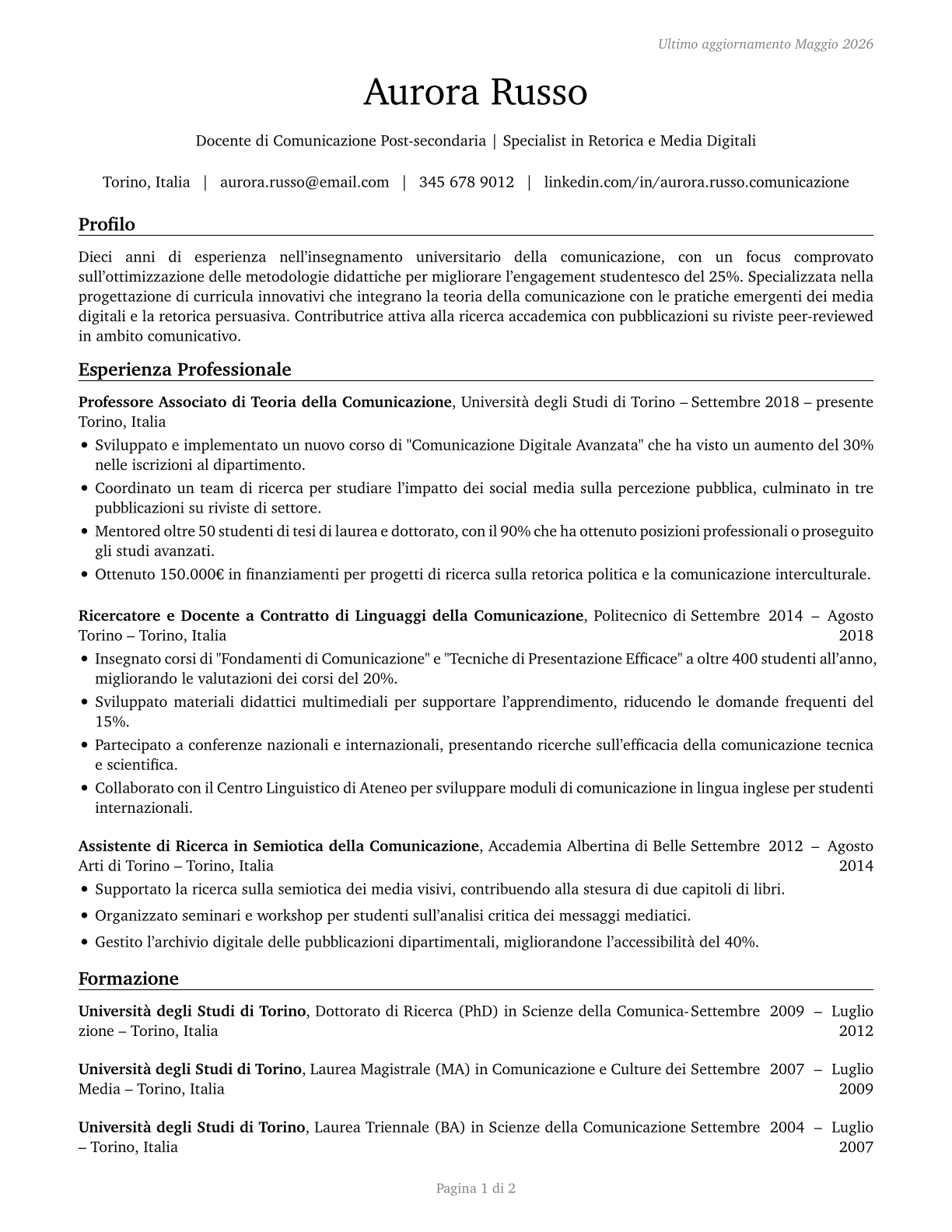 Communications Teachers, Postsecondary CV in Italian — page 1