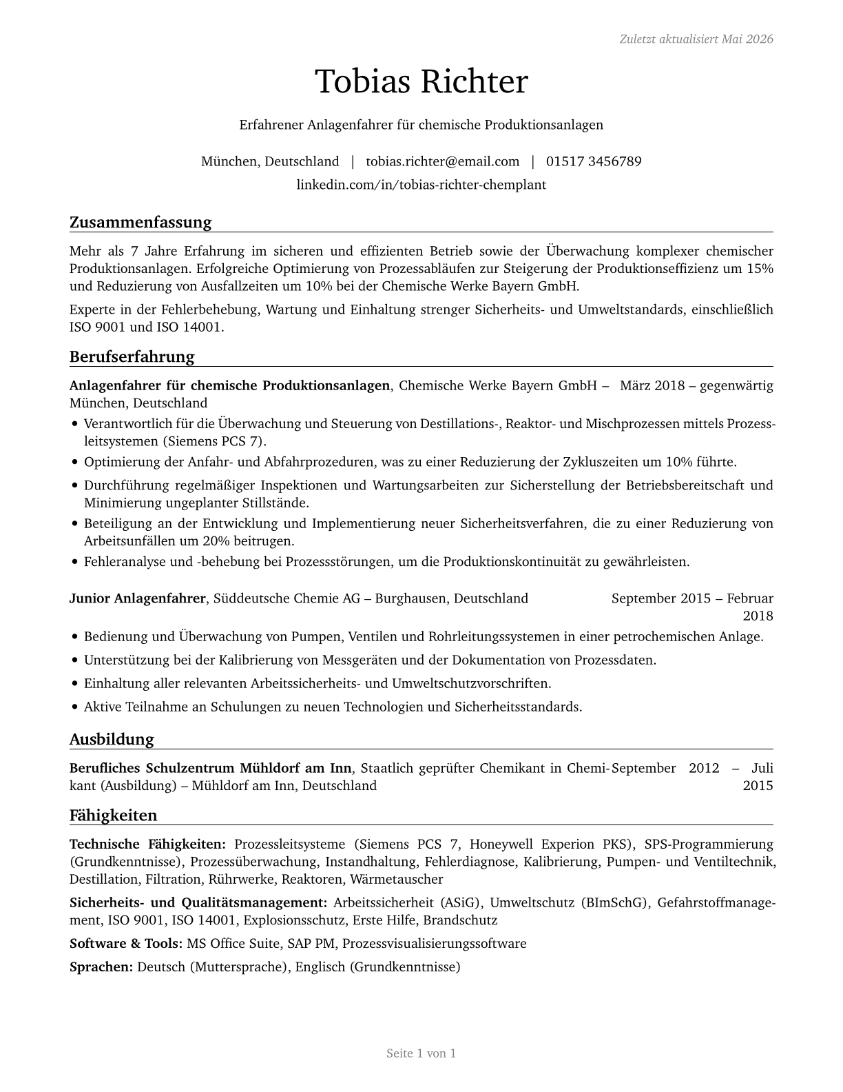 Chemical Plant and System Operators CV in German — page 1