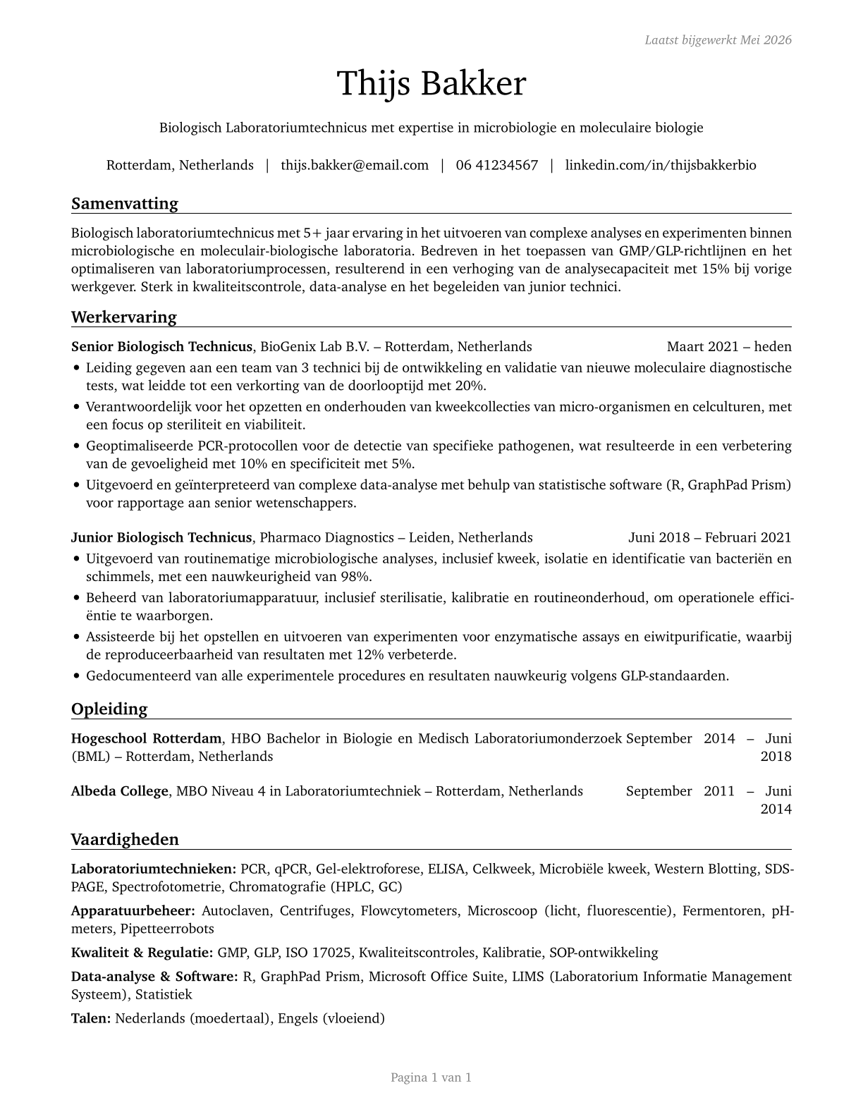 Biological Technicians CV in Dutch — page 1