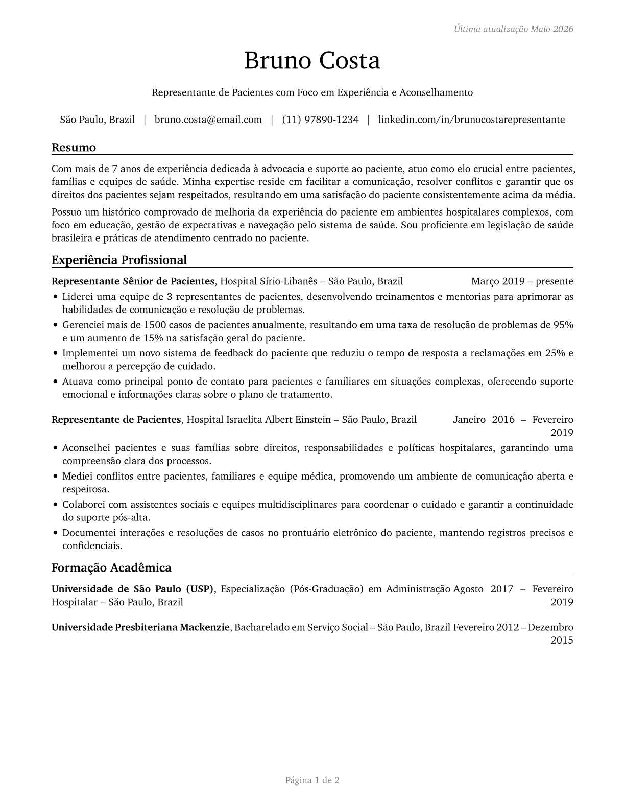 Patient Representatives CV in Portuguese — page 1