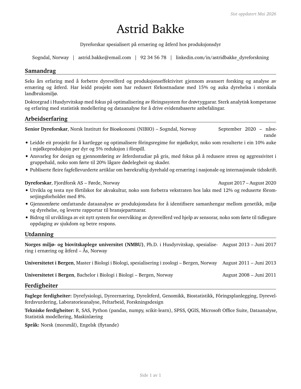 Animal Scientists CV in Norwegian_nynorsk — page 1