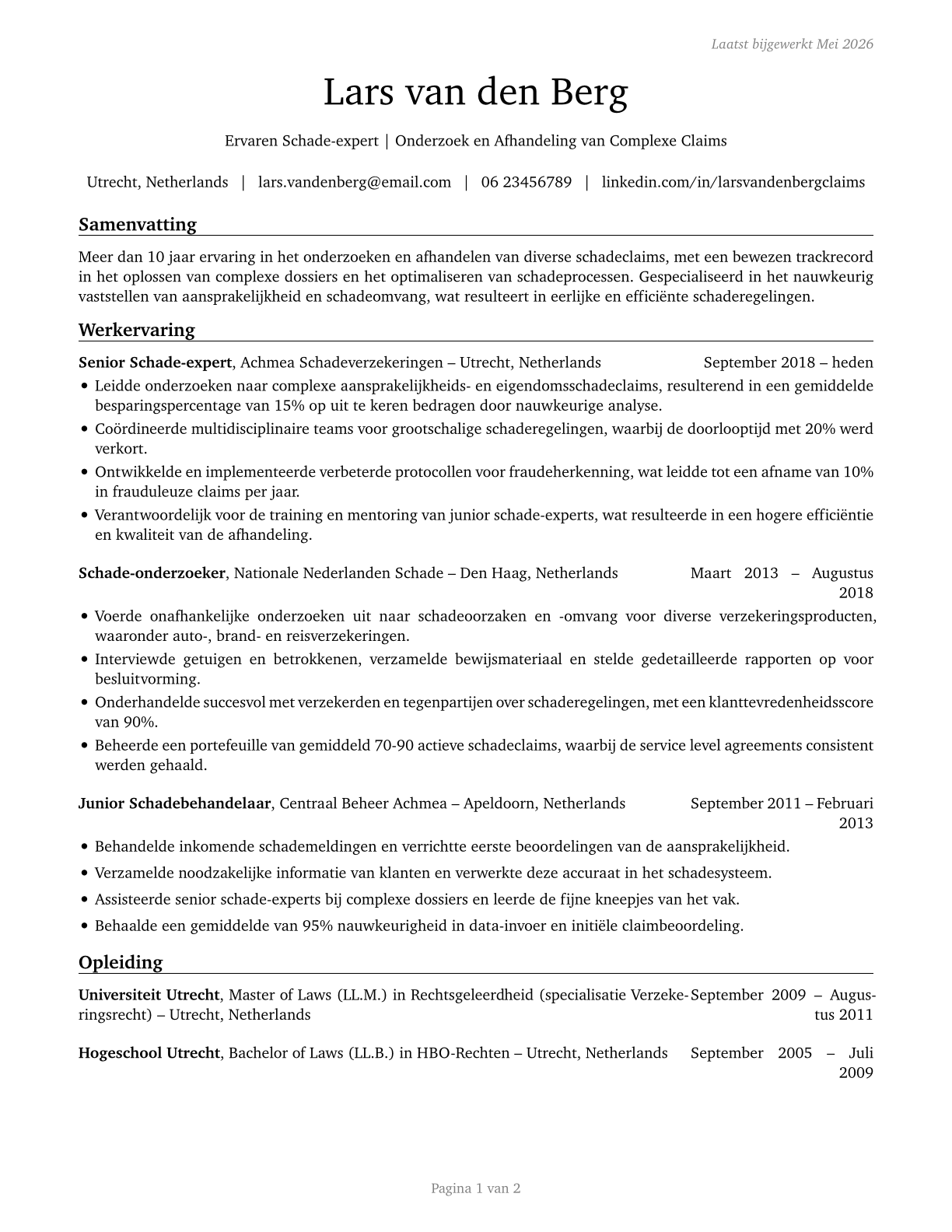 Claims Adjusters, Examiners, and Investigators CV in Dutch — page 1