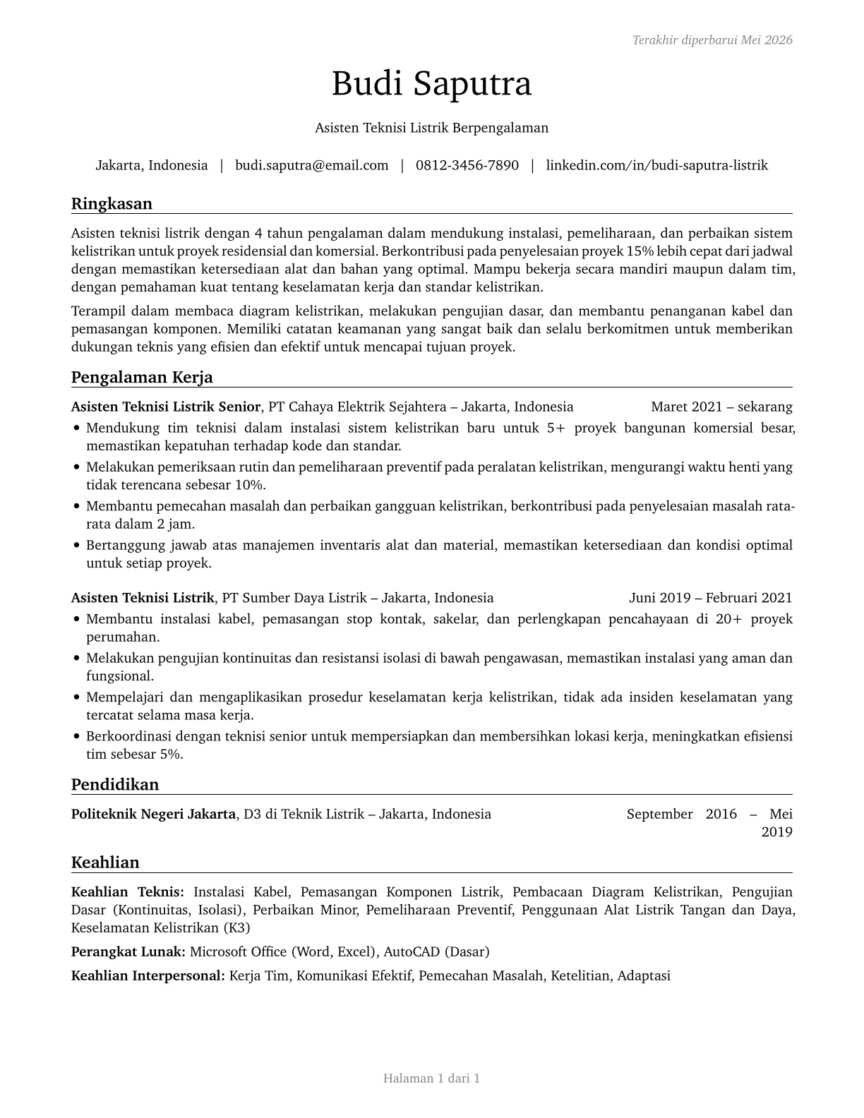 Helpers--Electricians CV in Indonesian — page 1
