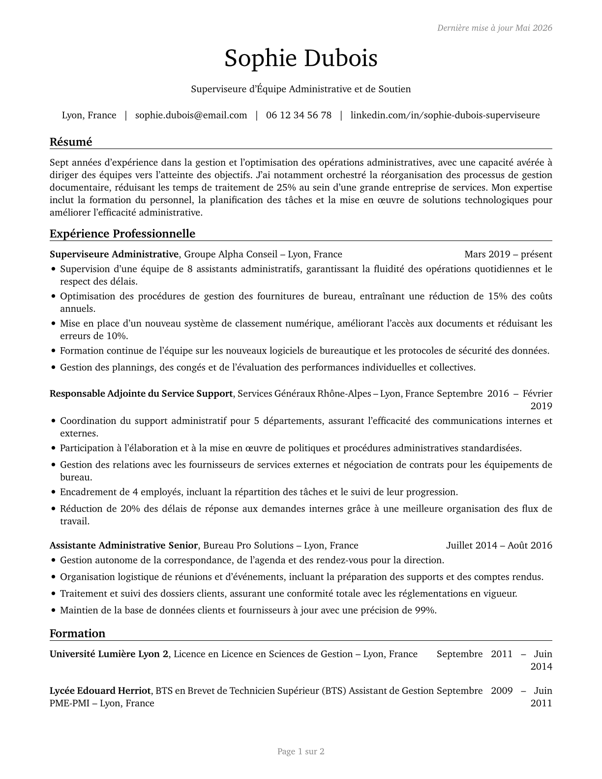 First-Line Supervisors of Office and Administrative Support Workers CV in French — page 1
