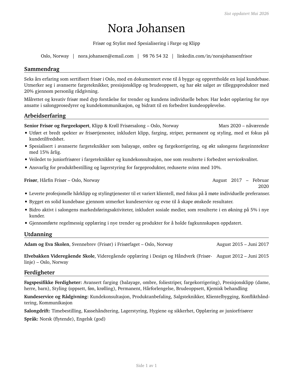 Hairdressers, Hairstylists, and Cosmetologists CV in Norwegian_bokmal — page 1