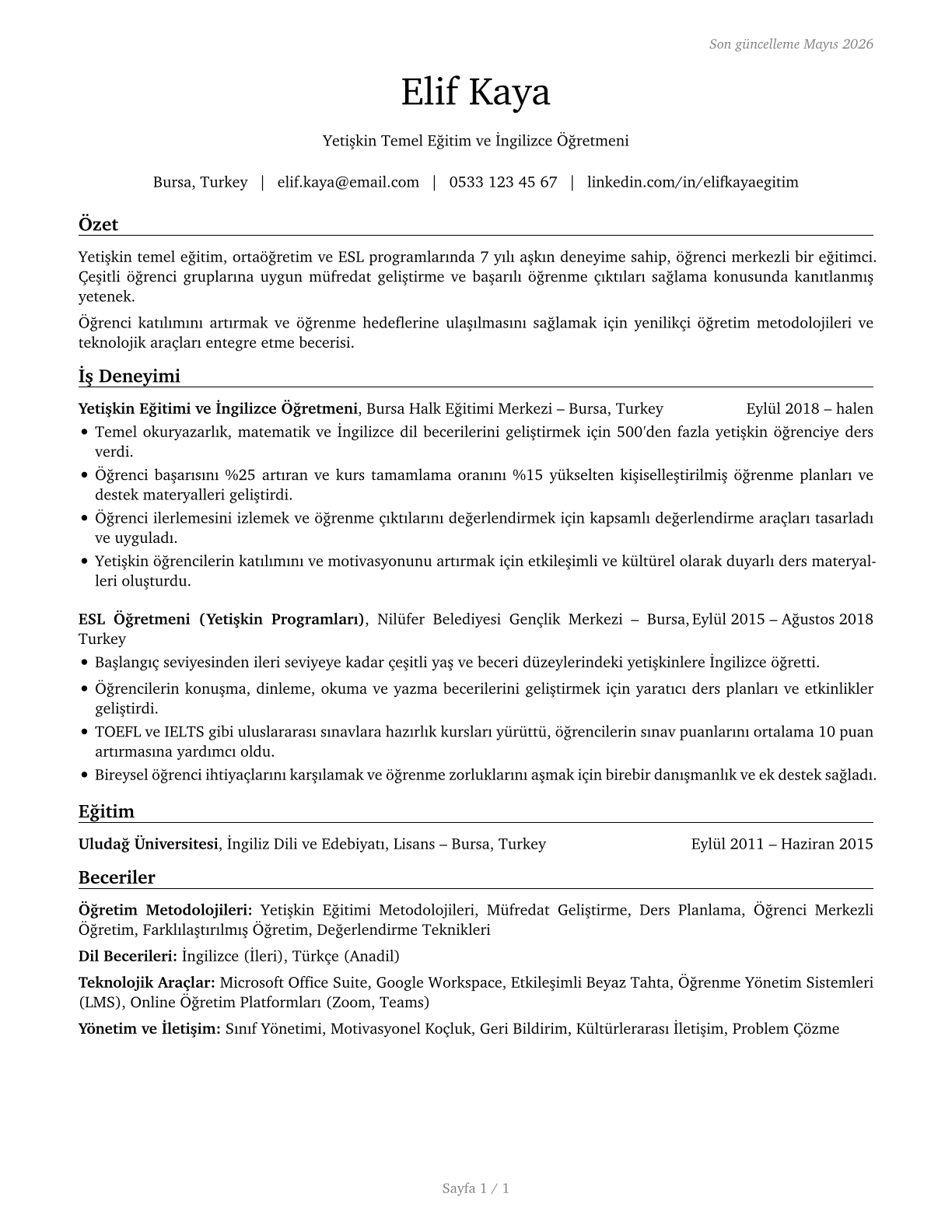 Adult Basic Education, Adult Secondary Education, and English as a Second Language Instructors CV in Turkish — page 1