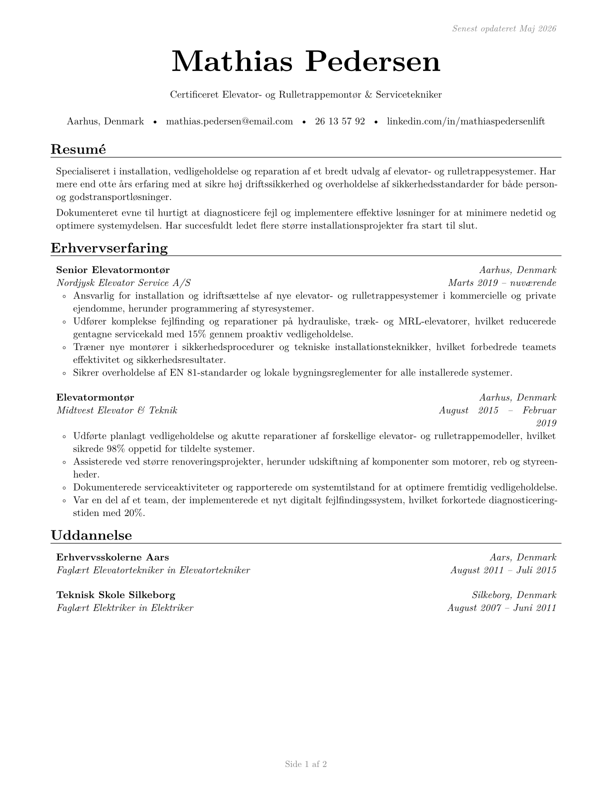 Elevator and Escalator Installers and Repairers CV in Danish — page 1