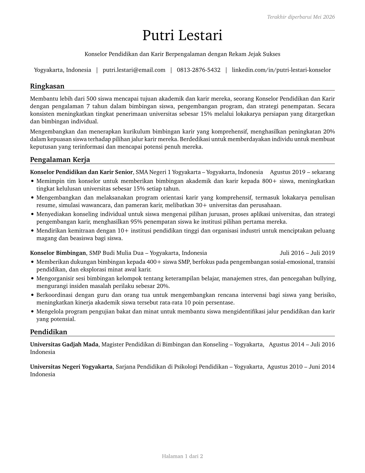Educational, Guidance, and Career Counselors and Advisors CV in Indonesian — page 1