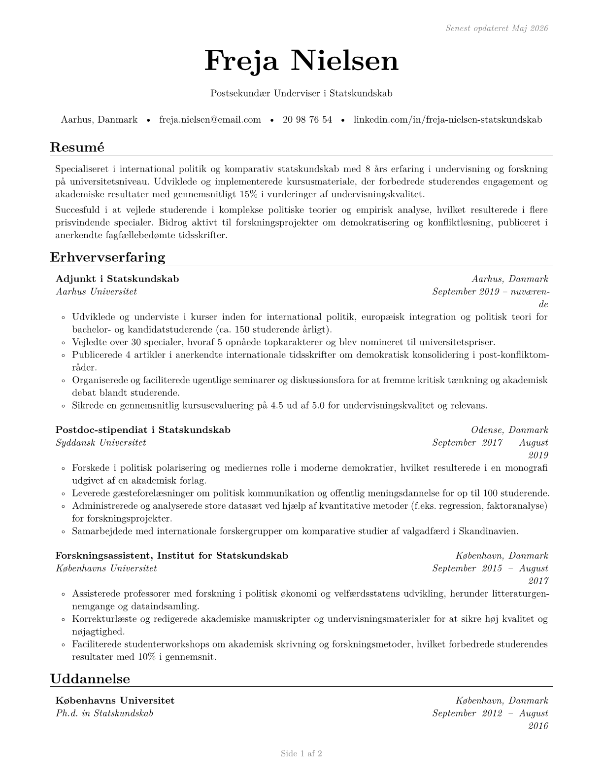 Political Science Teachers, Postsecondary CV in Danish — page 1