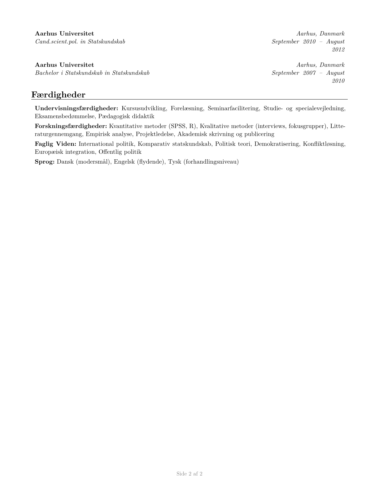 Political Science Teachers, Postsecondary CV in Danish — page 2