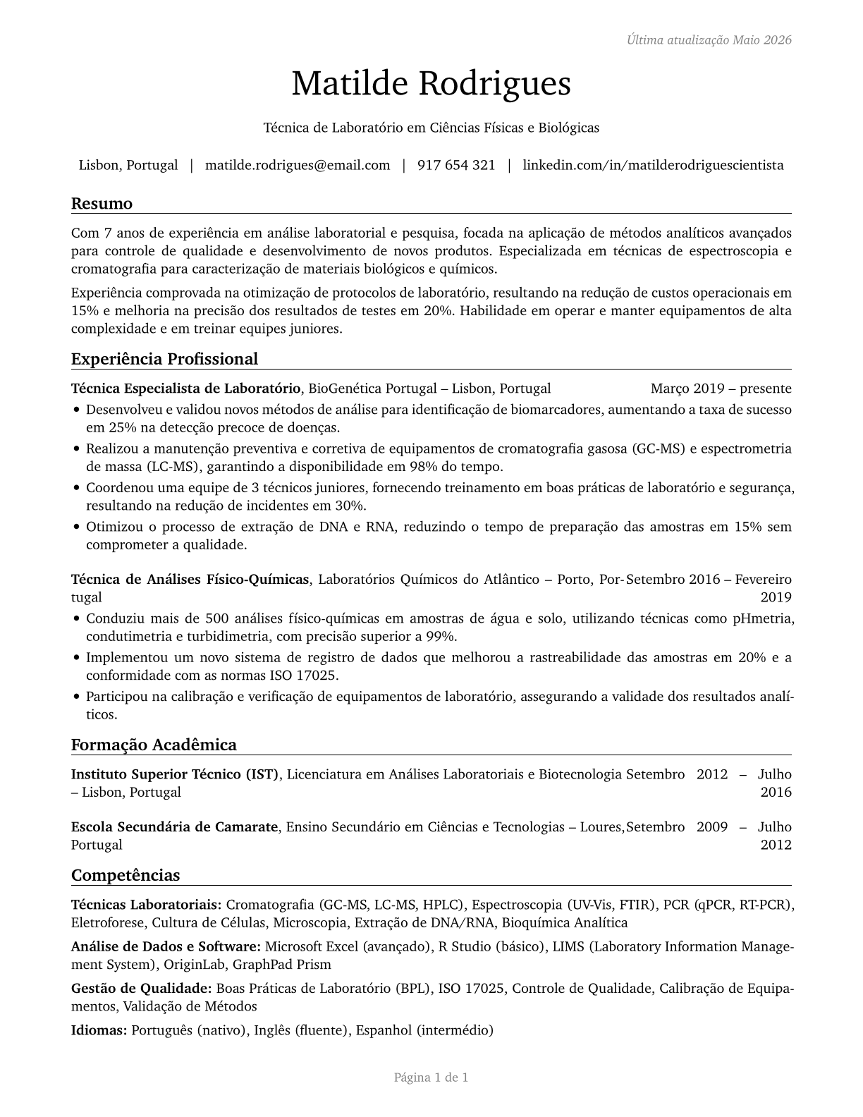Life, Physical, and Social Science Technicians, All Other CV in Portuguese — page 1