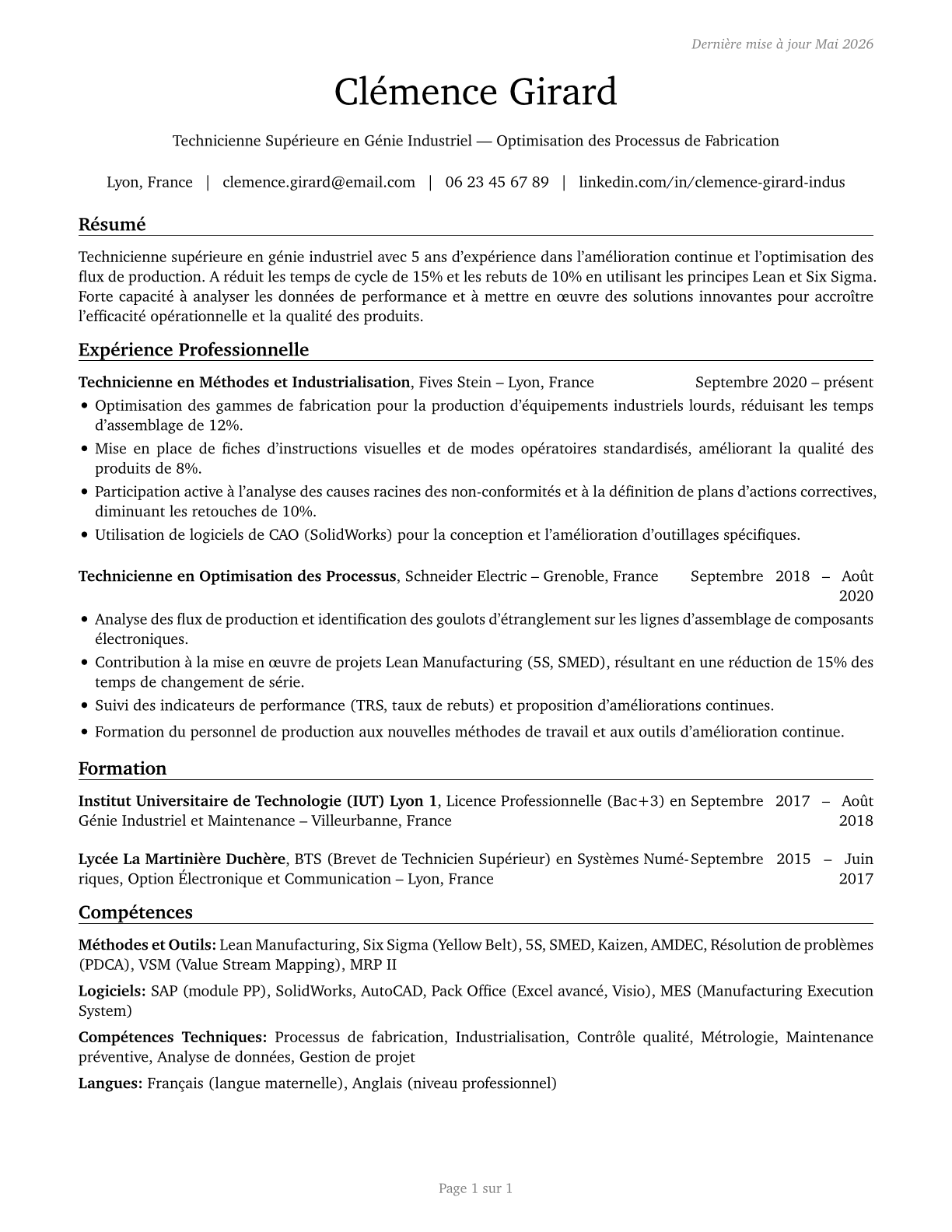 Industrial Engineering Technologists and Technicians CV in French — page 1