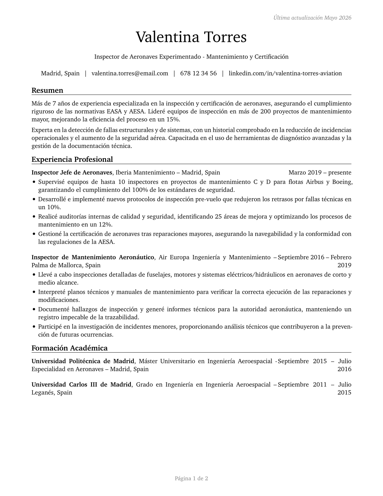 Aviation Inspectors CV in Spanish — page 1