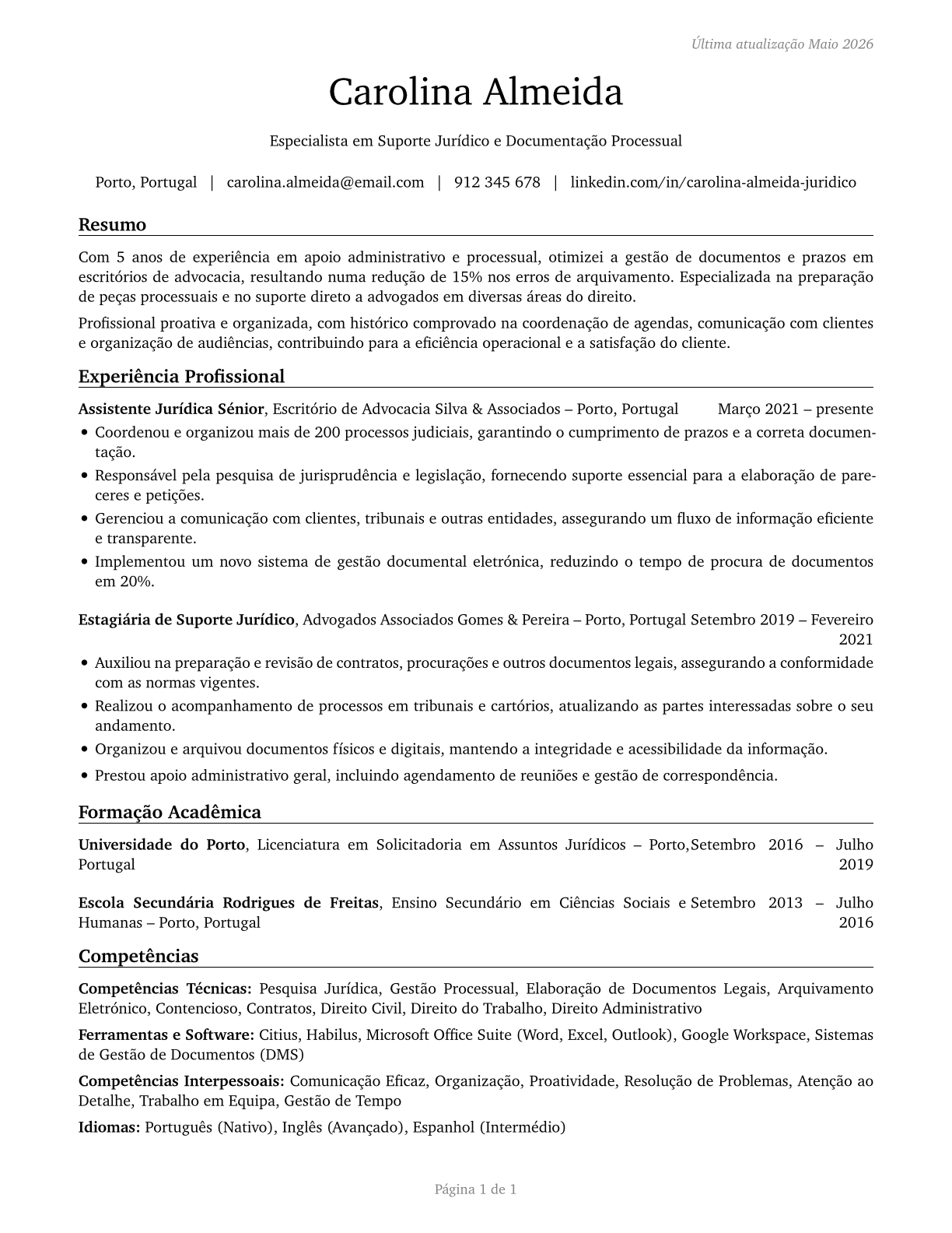 Legal Support Workers, All Other CV in Portuguese — page 1