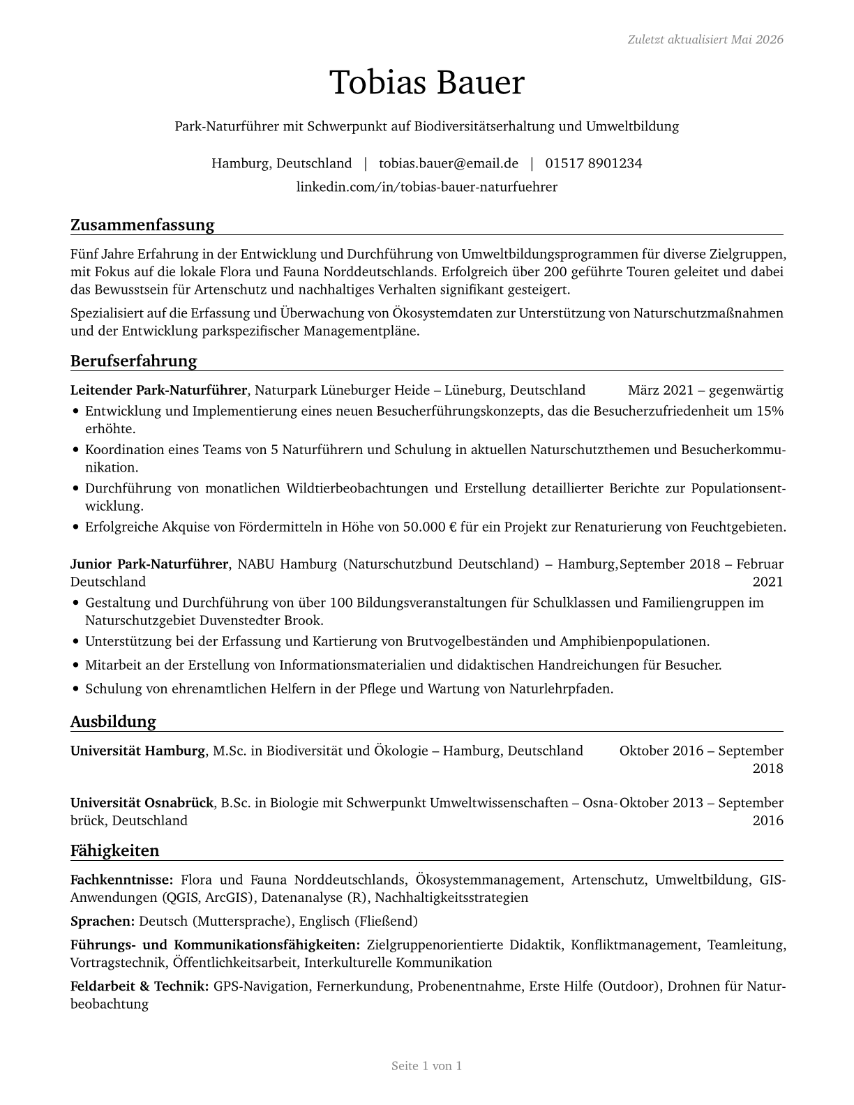 Park Naturalists CV in German — page 1