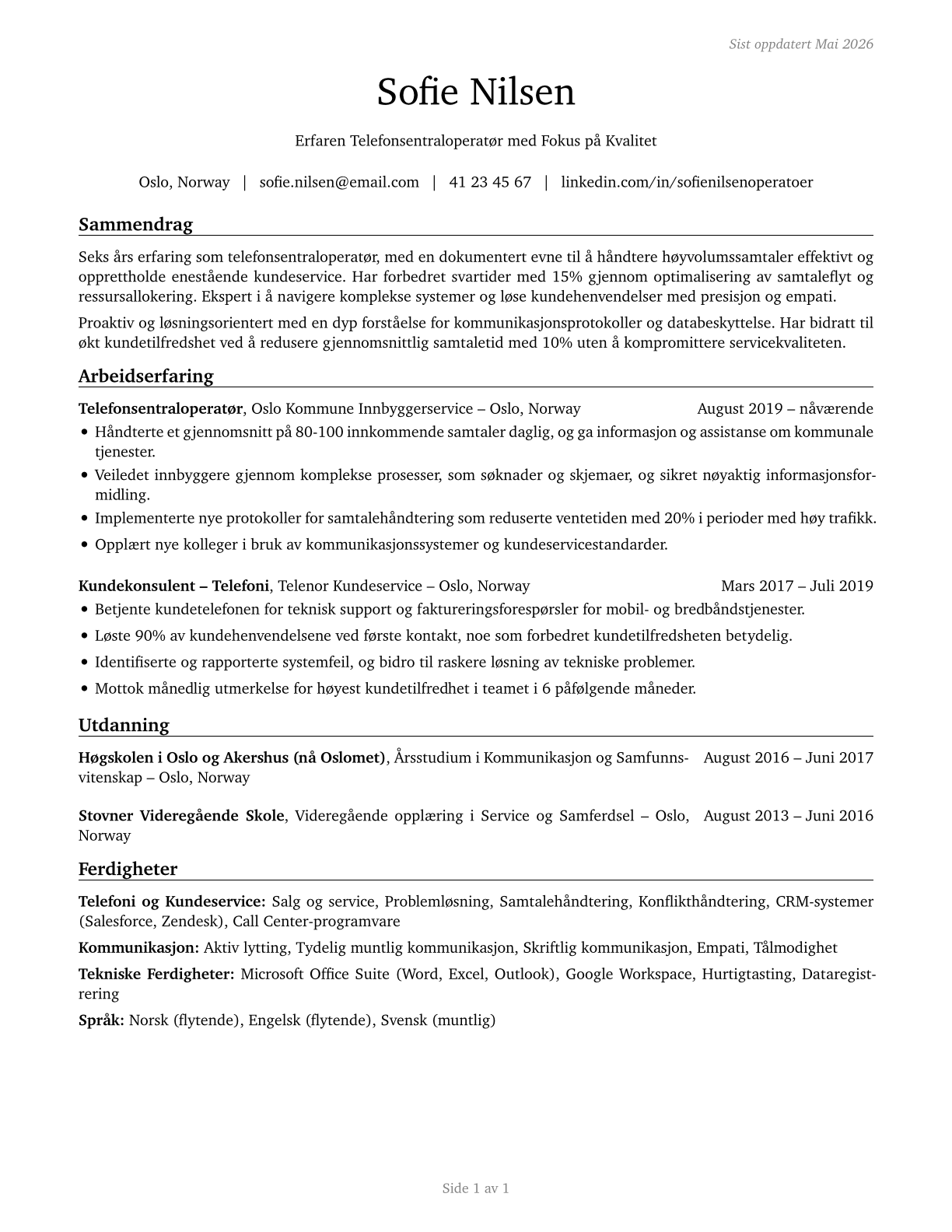 Telephone Operators CV in Norwegian_bokmal — page 1