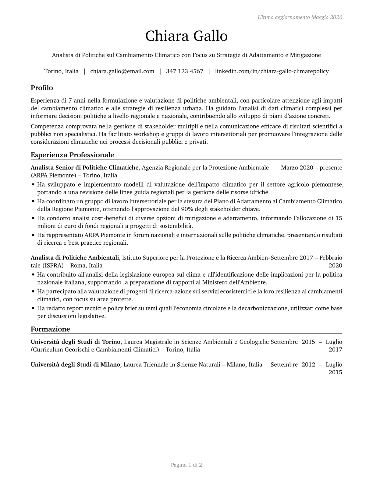 Climate Change Policy Analysts CV in Italian — page 1