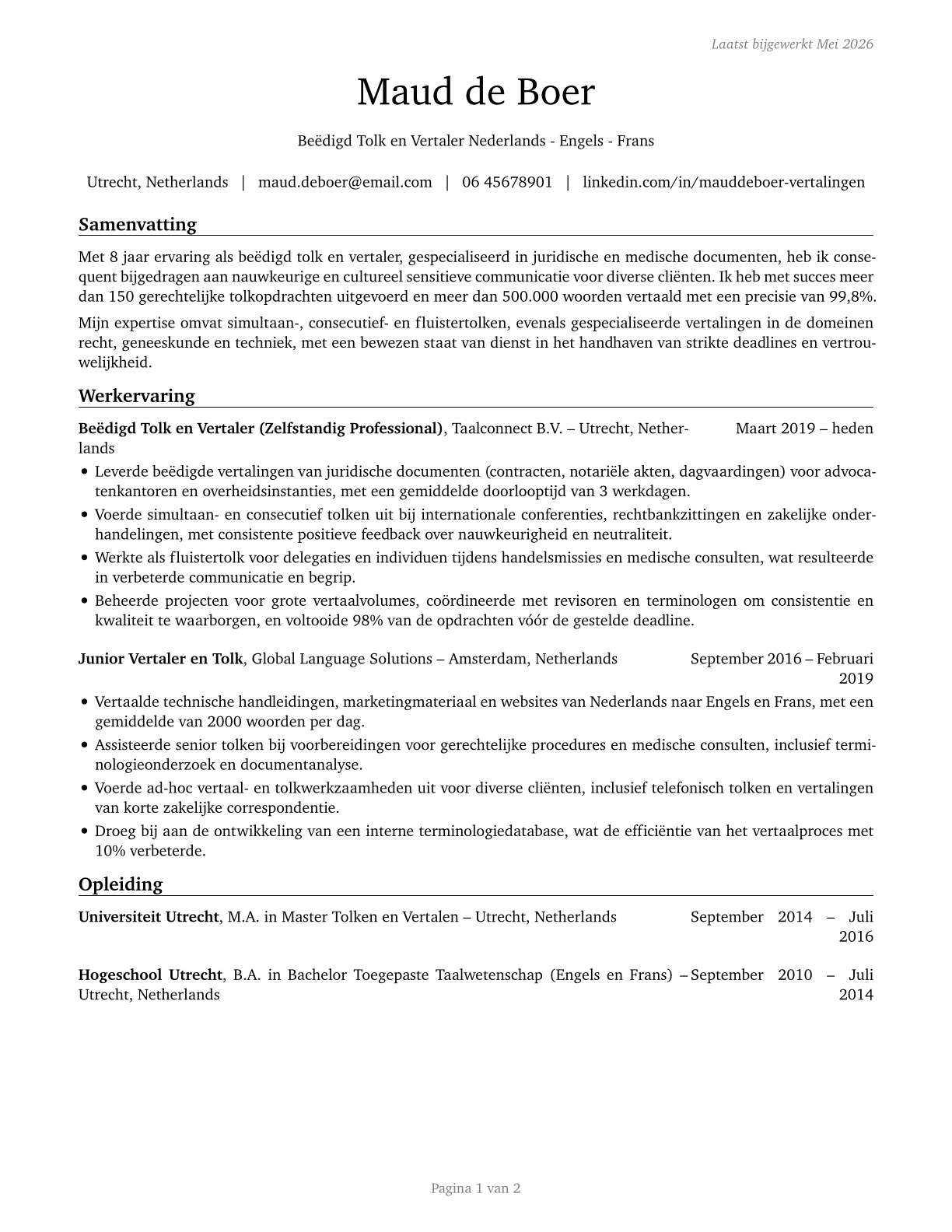Interpreters and Translators CV in Dutch — page 1